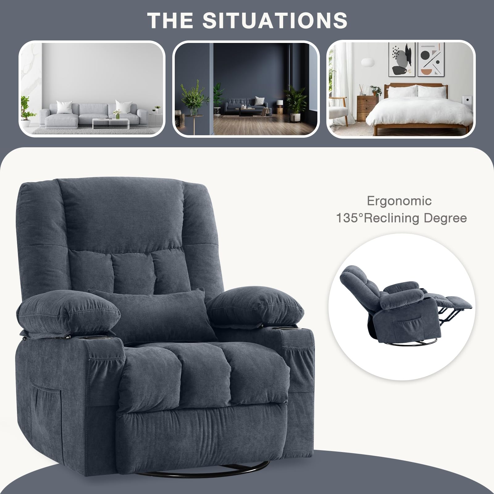 Ergonomic Massage Recliner Chair with Vibration & Heat - Swivel Rocking Lounge Chair with USB Charging Port, Cup Holders & Side Pocket for Living Room | Perfect for Relaxation, Home Theater & Pain Relief