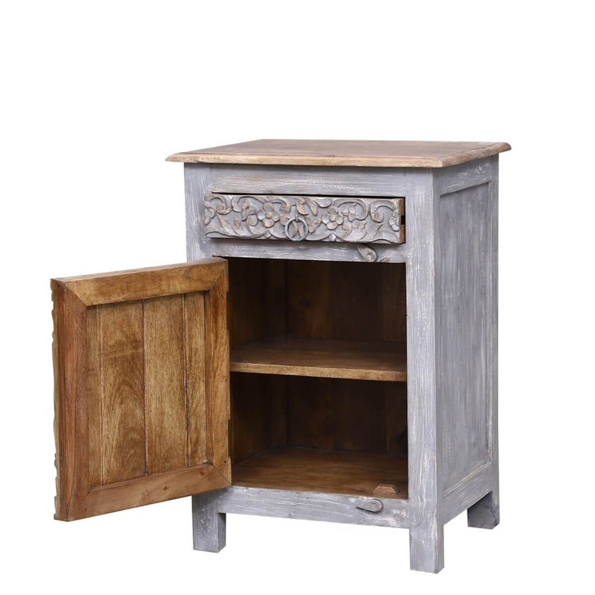 Hand Carved Reclaimed Wood Side Table with Single Drawer - Rustic Indian Design for Living Room, Bedroom & Office Decor