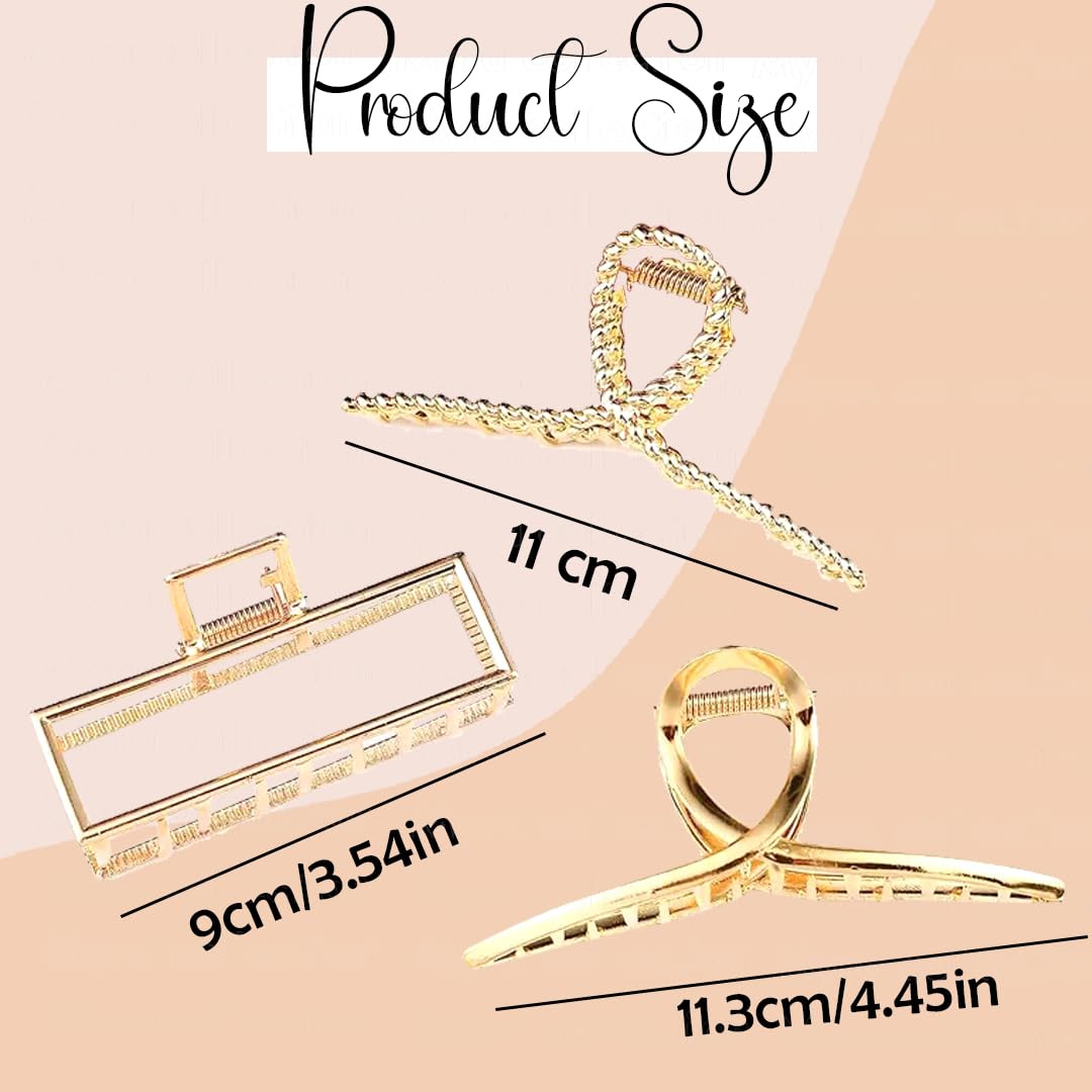 Myra Collection 3-Piece Gold Metal Hair Claw Set - Trendy Multi-Design Hair Clips for Women & Girls - Perfect for Parties, Weddings & Everyday Styling