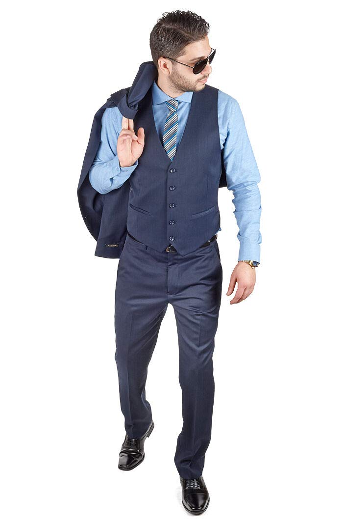 AZAR MAN Slim Fit 3 Piece Vest Navy Blue Suit - 2 Button Notch Lapel Formal Wear for Weddings, Business Meetings & Special Occasions
