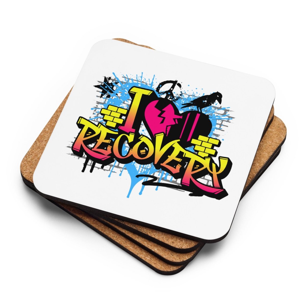 I Heart Recovery Graffiti Coaster Set - Funny Bar & Pub Drink Coasters for Beer, Wine, Cocktails - Perfect for Home, Office, or Party Use