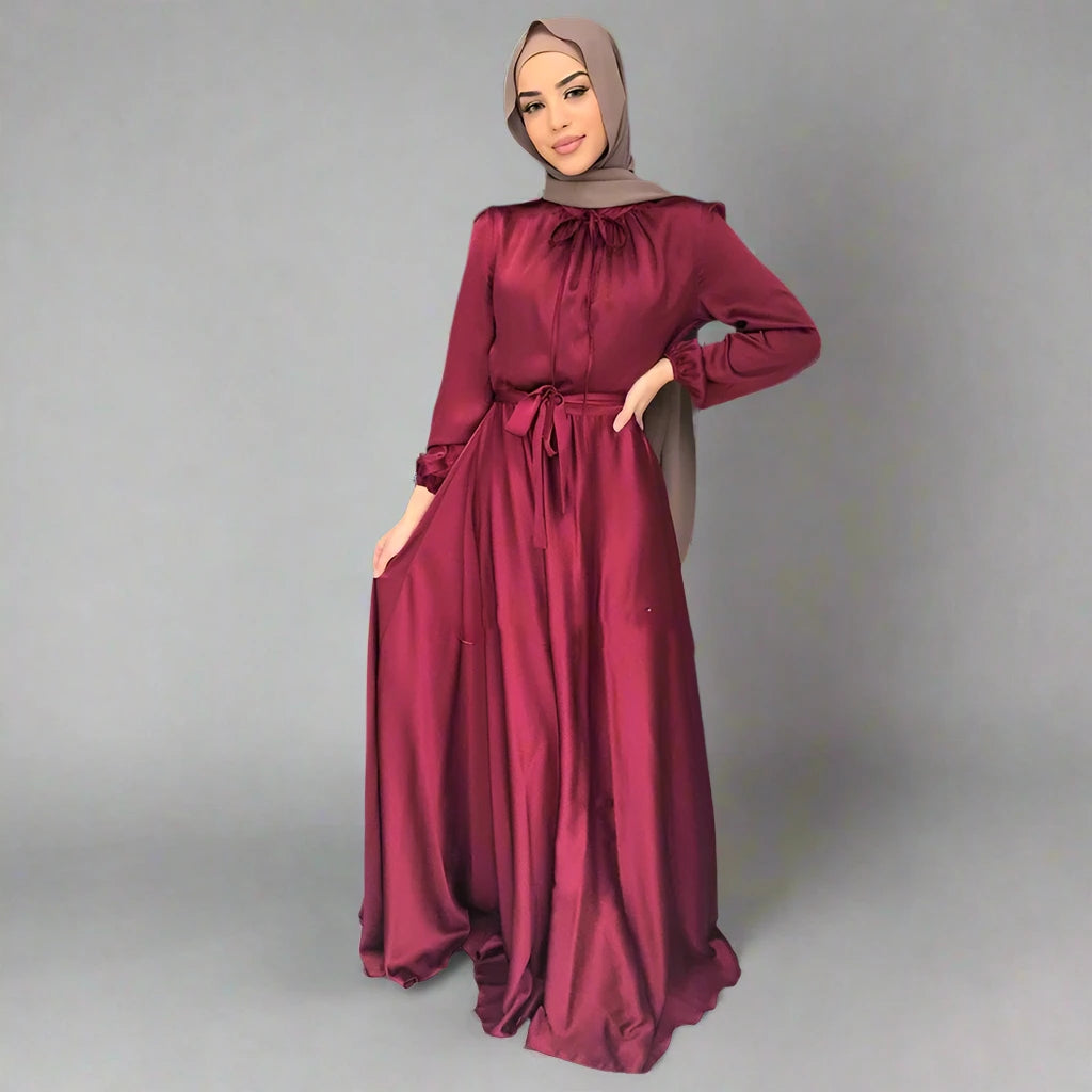 8 Colors Muslim Women's Satin Abaya Dress - Modest Islamic Prayer Dress for Eid, Ramadan & Special Occasions