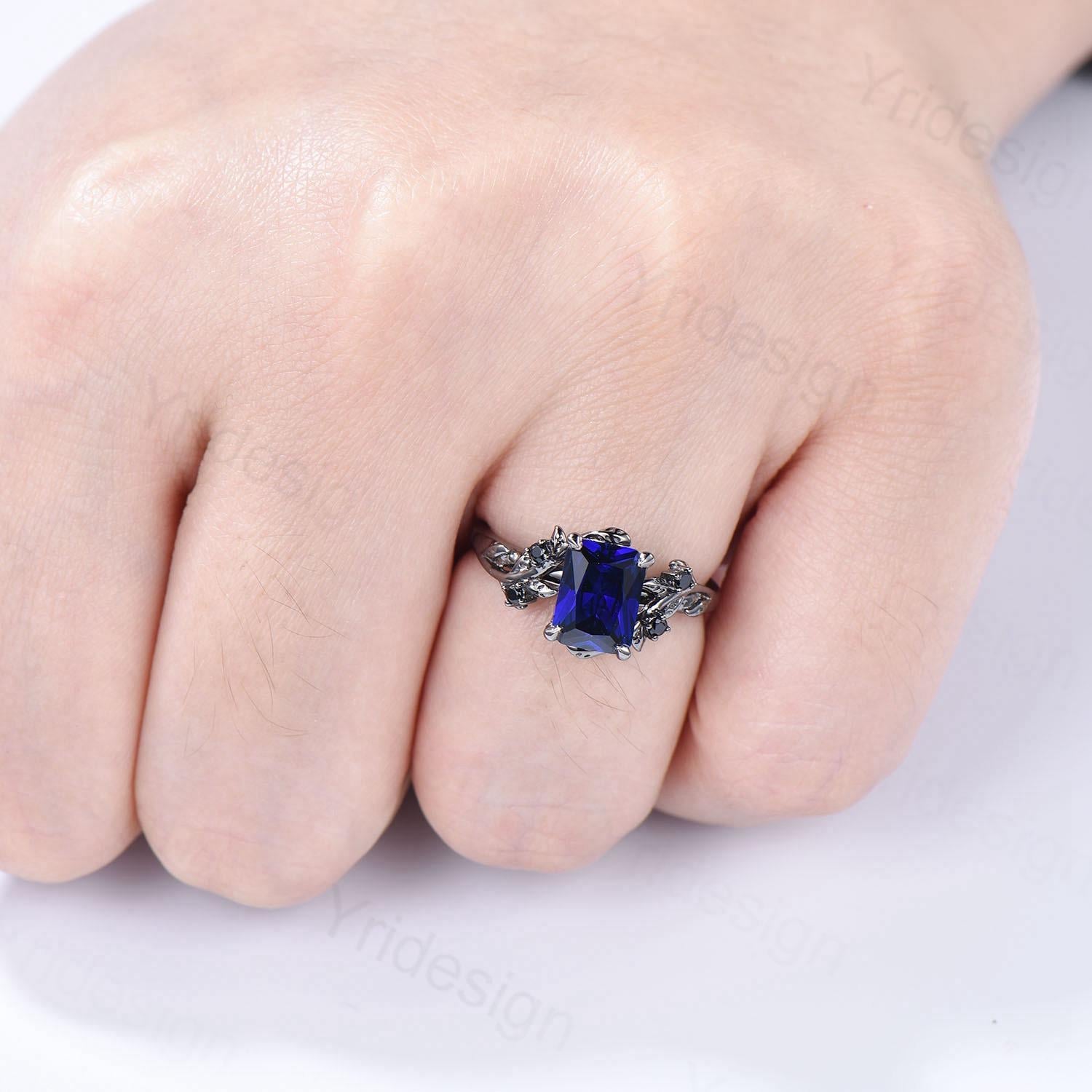 Black Gold Sapphire Engagement Ring - Emerald Cut with Twig Vine Design, September Birthstone, Spinel Cluster Promise Gift for Her | Perfect for Proposals, Anniversaries & Special Occasions