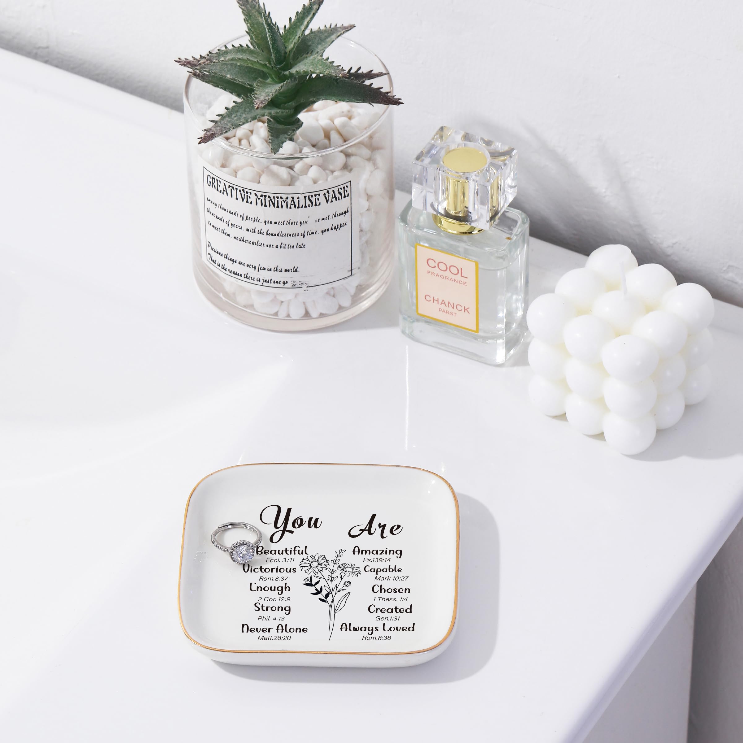 PUDDING CABIN Christian Jewelry Dish for Women - Inspirational Bible Verse Gifts, Catholic Religious Gifts, Spiritual Birthday & Mother's Day Presents, White - Perfect for Home Decor & Daily Devotion