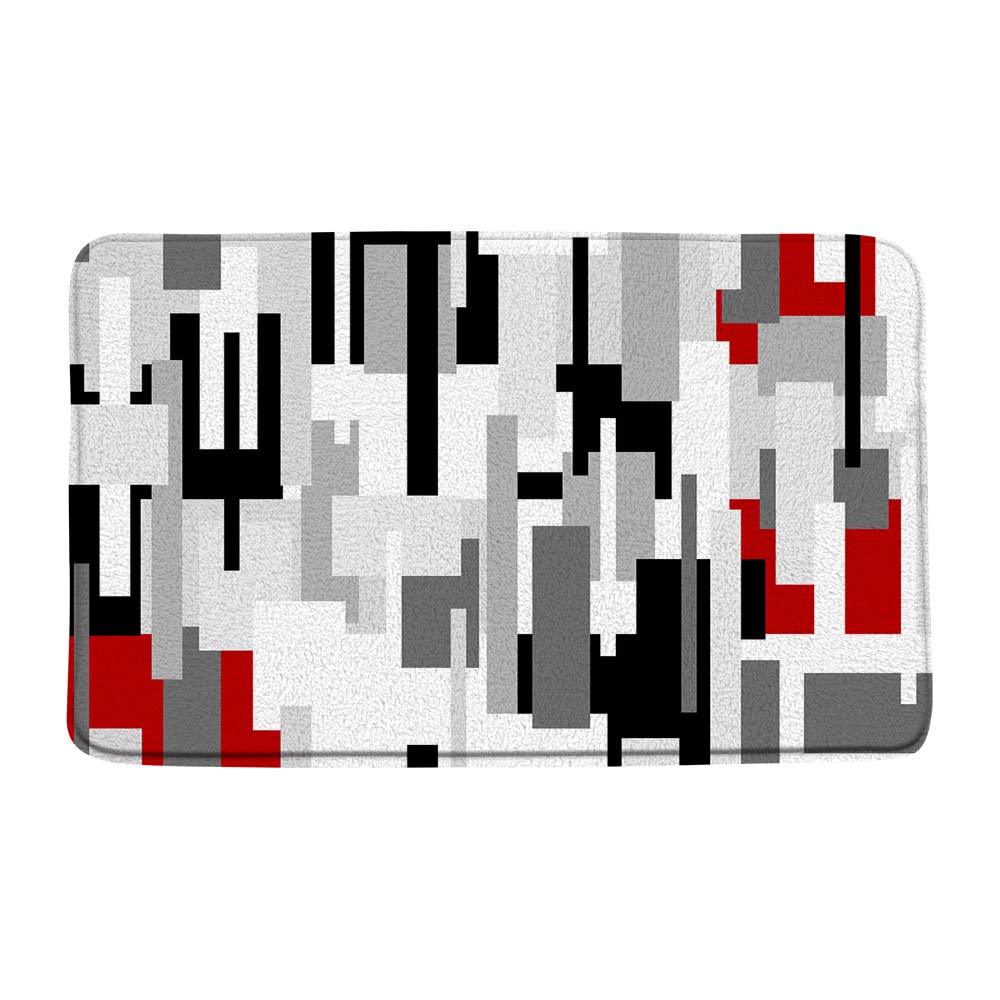 Modern Geometric Bath Mat - Red, Gray, Black & White Abstract Design - Mid Century Minimalist Non-Slip Microfiber Memory Foam Rug for Bathroom, Bedroom & Kitchen Floor Decor - Soft & Absorbent Toilet Mat for Contemporary Homes