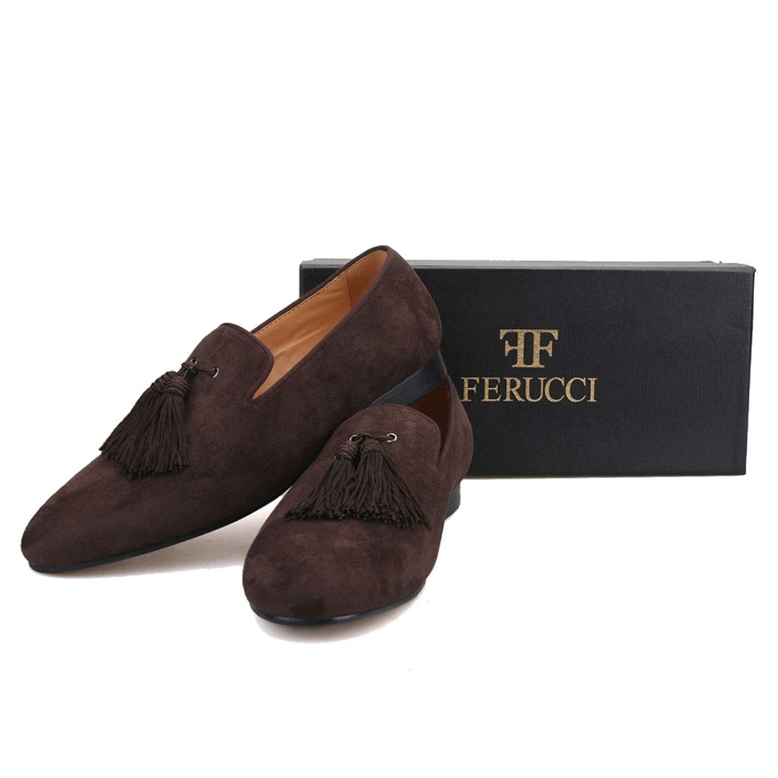 FERUCCI Men's Dark Brown Suede Loafers with Big Tassel - Comfortable House Slippers for Indoor/Outdoor Wear, Perfect for Home, Office & Casual Occasions