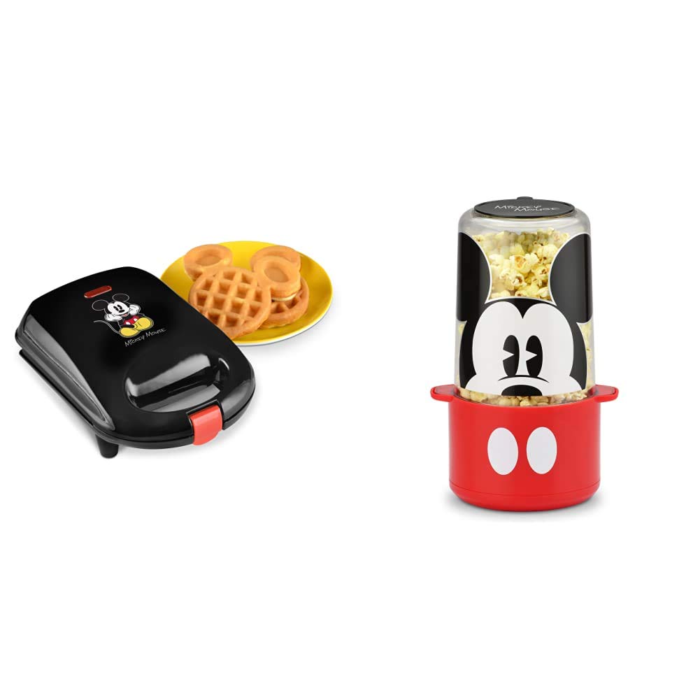 Disney DCM-9 Mini Mickey Mouse Waffle Maker & DCM-60CN Mickey Mouse Popcorn Machine Set - Black & Red - Perfect for Kids Breakfast, Movie Nights, and Disney-Themed Parties