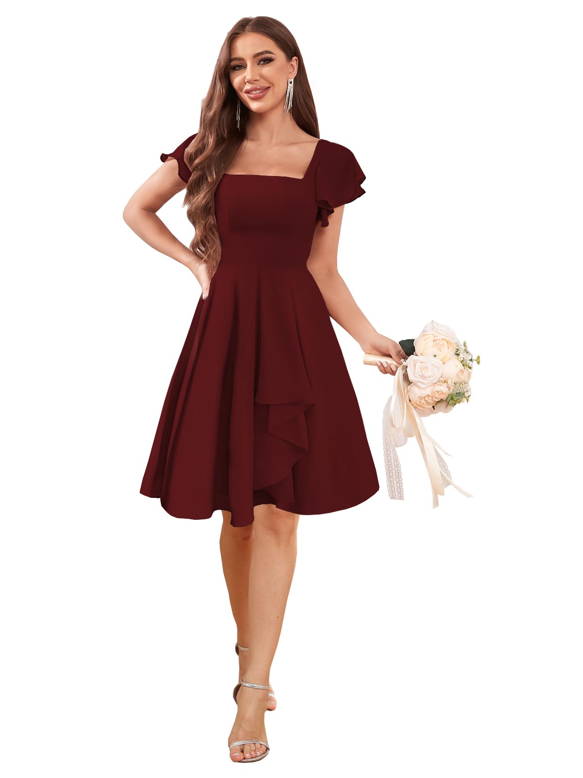 Elegant Short Chiffon Bridesmaid Dress with Sleeves - Square Neck A-line Formal Gown for Wedding Guest, Party & Special Occasions