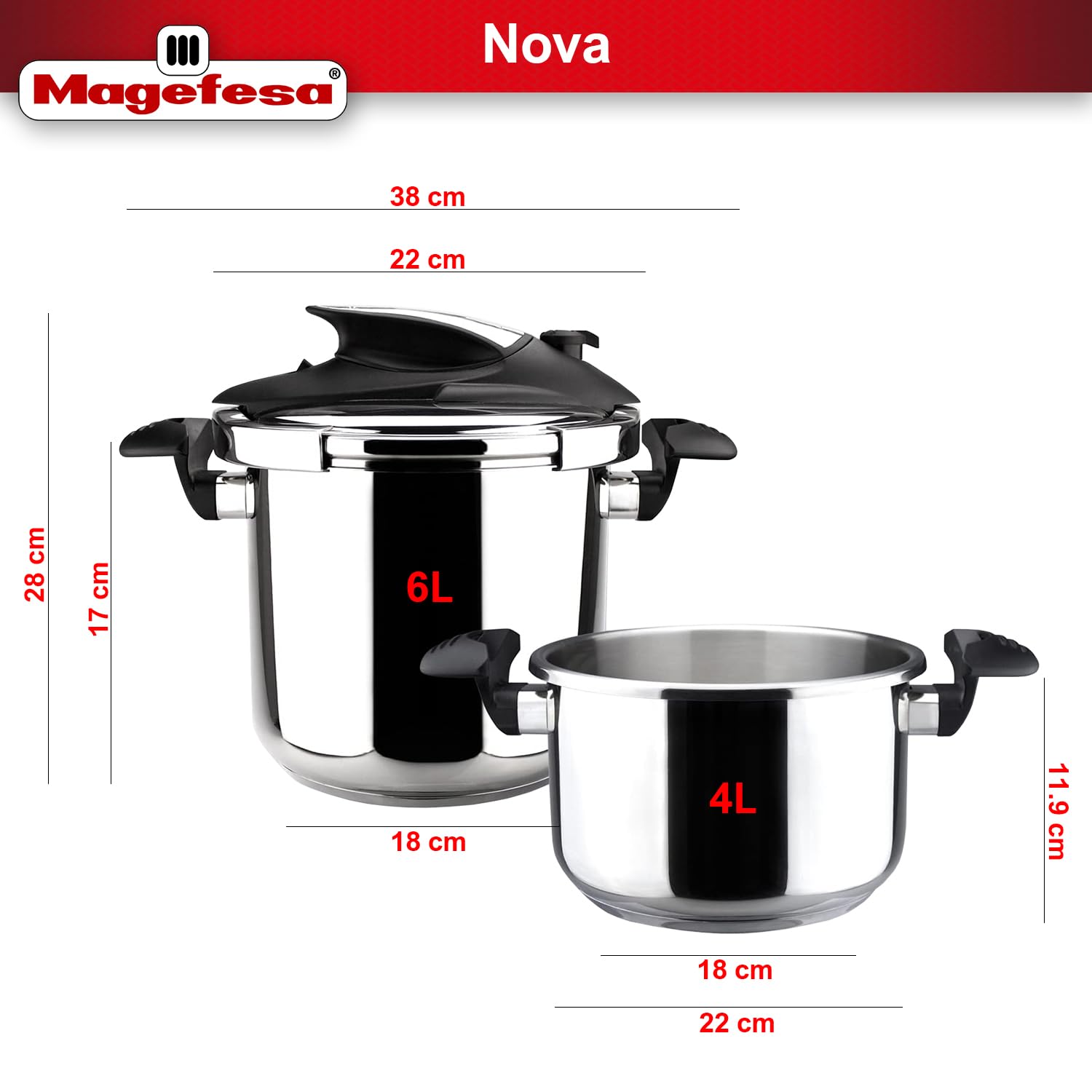 Magefesa Nova 6.3 Quart Stainless Steel Pressure Cooker - Fast Cooking, Easy Locking, Induction Compatible, 5 Safety Systems (11.6 PSI) - Perfect for Soups, Stews & Family Meals
