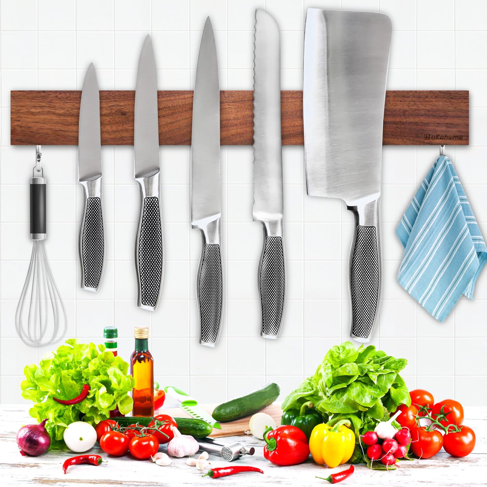 16 Inch Magnetic Knife Holder for Wall - No Drilling Walnut Wood Knife Strip with 2 Hooks & Strong Magnets - Perfect Kitchen Organizer for Knives, Utensils & Tools (Ideal for Home Chefs & Professional Kitchens)
