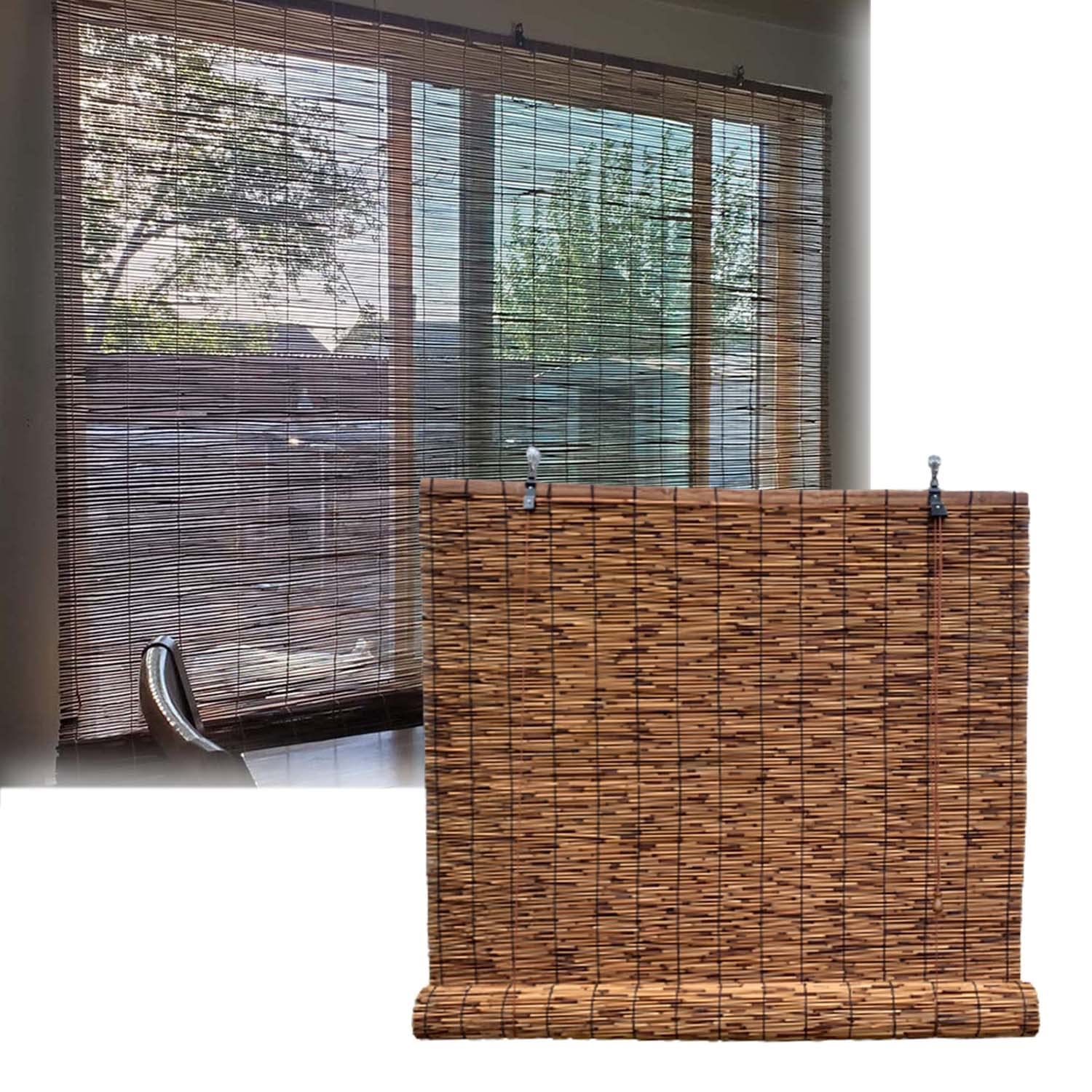 YANJING Natural Bamboo Roll Up Shades - Hand-Woven Blackout Reed Blinds for Patio Windows, Indoor & Outdoor Sun Protection with Easy Lift Mechanism | Perfect for Porch, Deck, Sunroom & Backyard Privacy