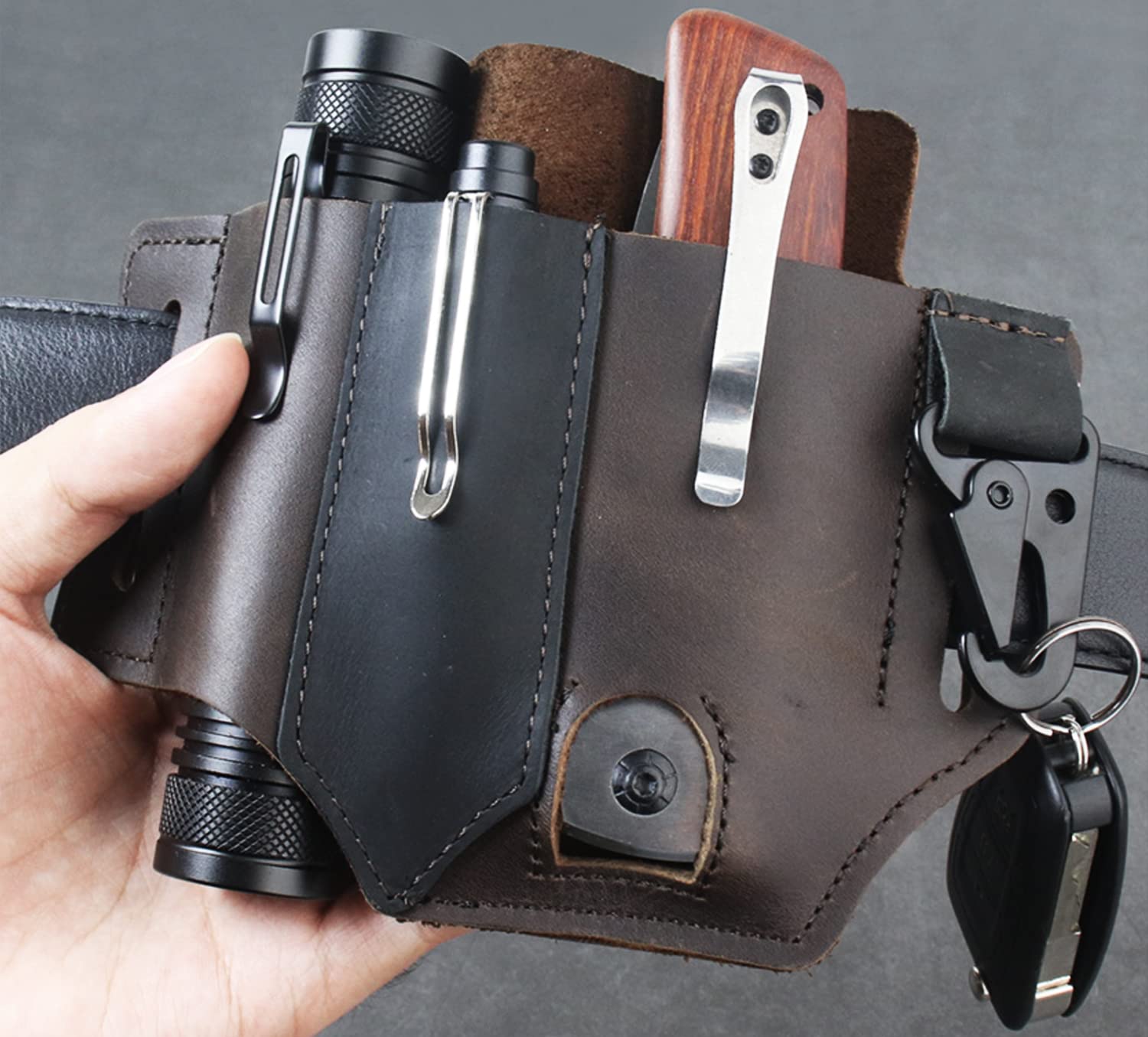 Leather Multitool Belt Sheath - EDC Pocket Organizer for Men with Key Holder, Flashlight Holster & Pen Pouch - Perfect for Outdoor Adventures, Camping & Everyday Carry