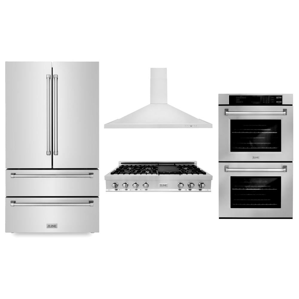 ZLINE 48-inch Stainless Steel Kitchen Package - Refrigerator, Rangetop, Range Hood & Double Wall Oven (4KPR RTRH48 AWD) | Premium Appliance Bundle for Modern Home Chefs & Luxury Kitchens
