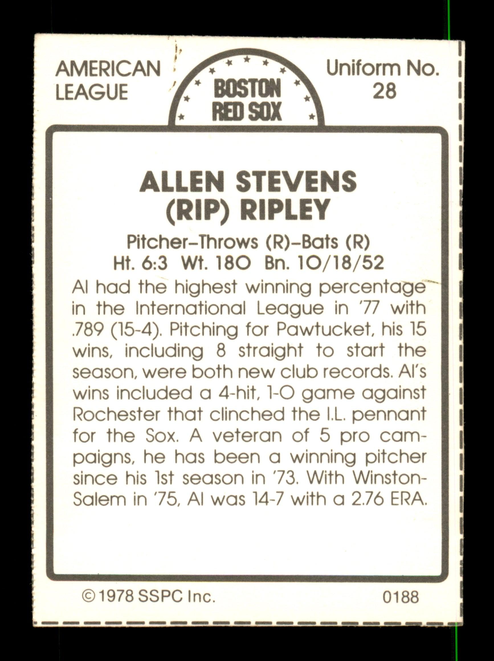 Allen Ripley Autographed 1978 SSPC Rookie Card #188 Boston Red Sox - Limited Edition Collectible - Perfect for Baseball Memorabilia Display and Sports Fan Gifts