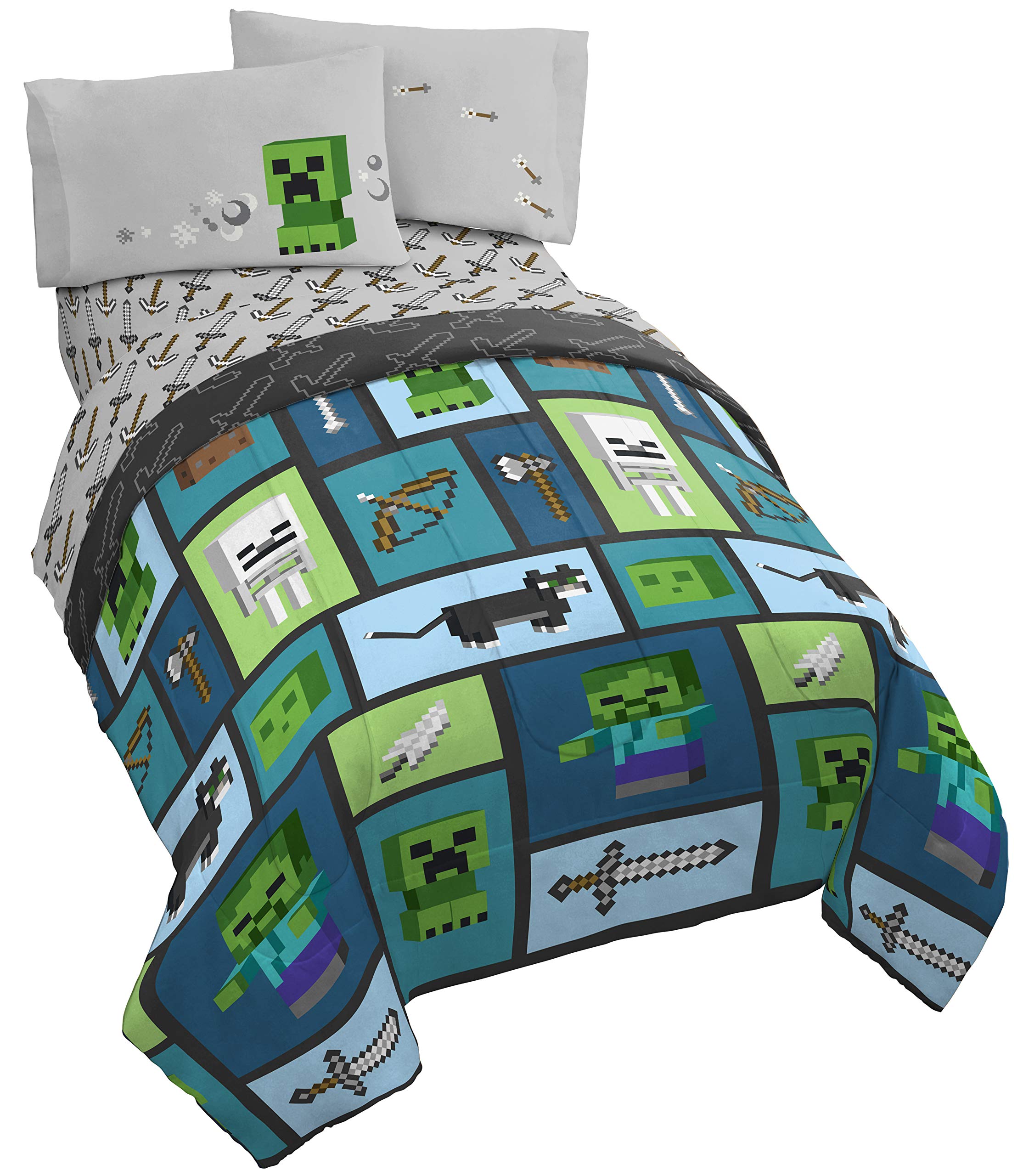 Jay Franco Minecraft Chibi College 4-Piece Twin Bed Set - Reversible Comforter & Sheet Set with Creeper & Ghost Design - Ultra Soft Fade-Resistant Microfiber Bedding for Kids & Teens - Perfect for Dorm Rooms, Sleepovers & Gaming Themed Bedrooms