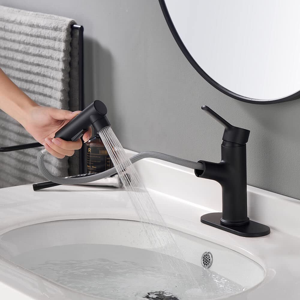 Black Single Handle Brass Bathroom Sink Faucet with Pull-Out Sprayer - 3 Water Flow Modes for Hot & Cold Water - Perfect for Vanity, Basin, and Modern Bathroom Renovations
