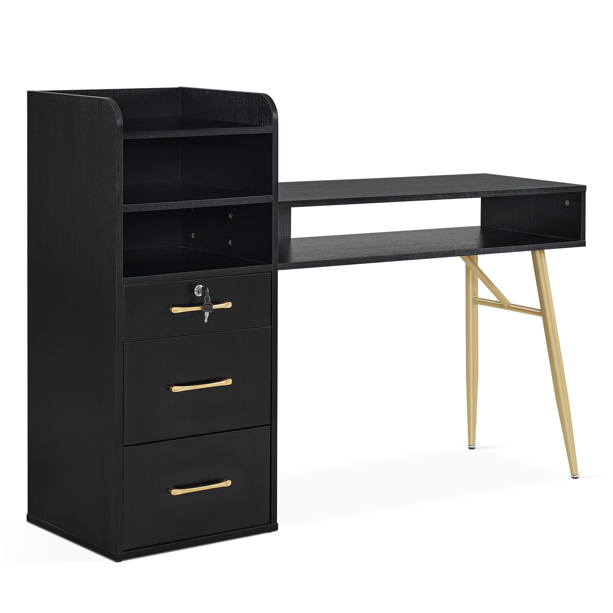 Professional BarberPub Manicure Table with 3 Drawers & 4 Shelves - Gold Handle Nail Tech Desk for Salon & Spa - Beauty Workstation Equipment DC2605 (Black) | Perfect for Nail Artists, Cosmetologists & Home Use