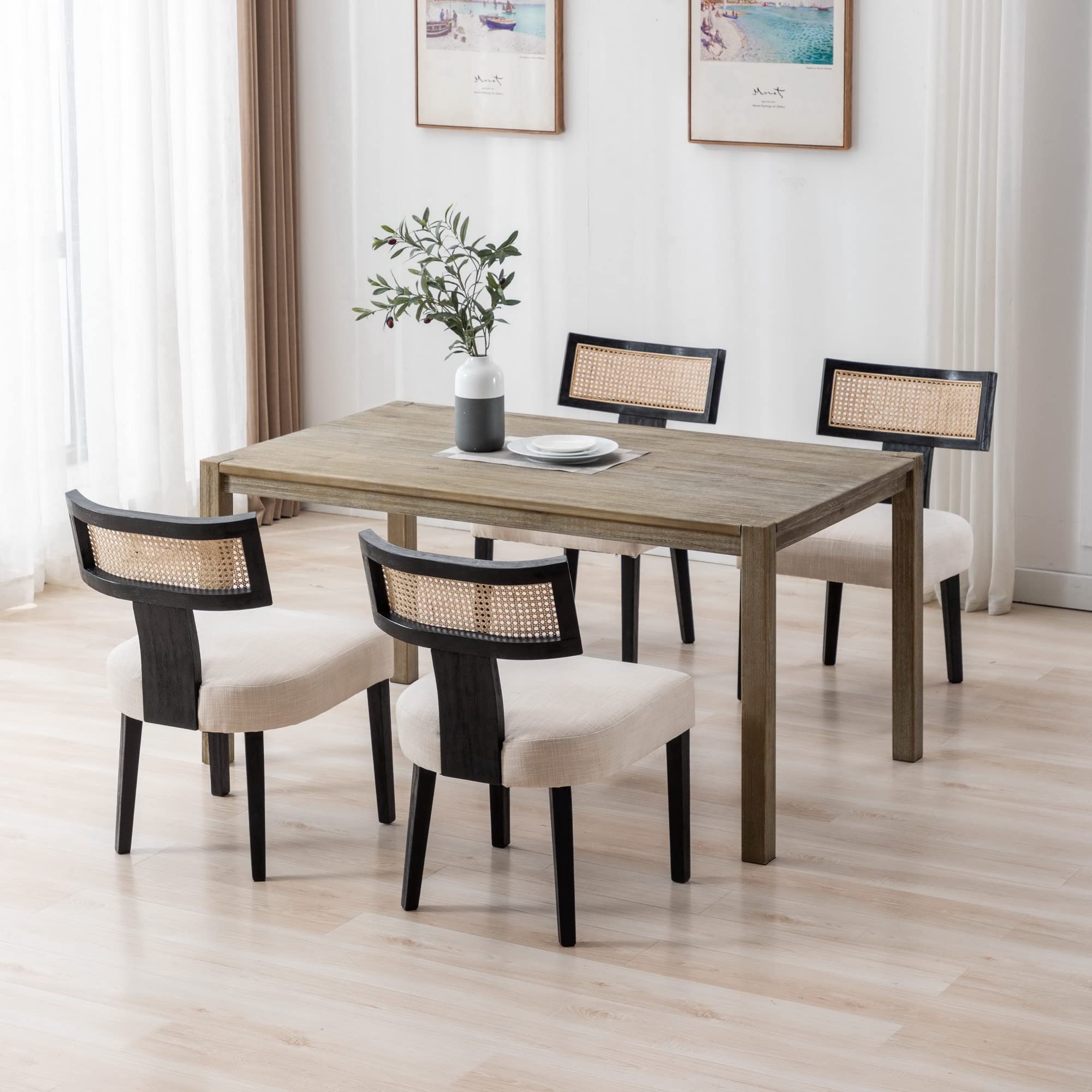 4 Rattan Dining Chairs Set - Modern Cane Back Upholstered Linen Chairs with Black Wood Frame (Beige) - Perfect for Kitchen, Dining Room, Restaurant & Outdoor Patio Seating