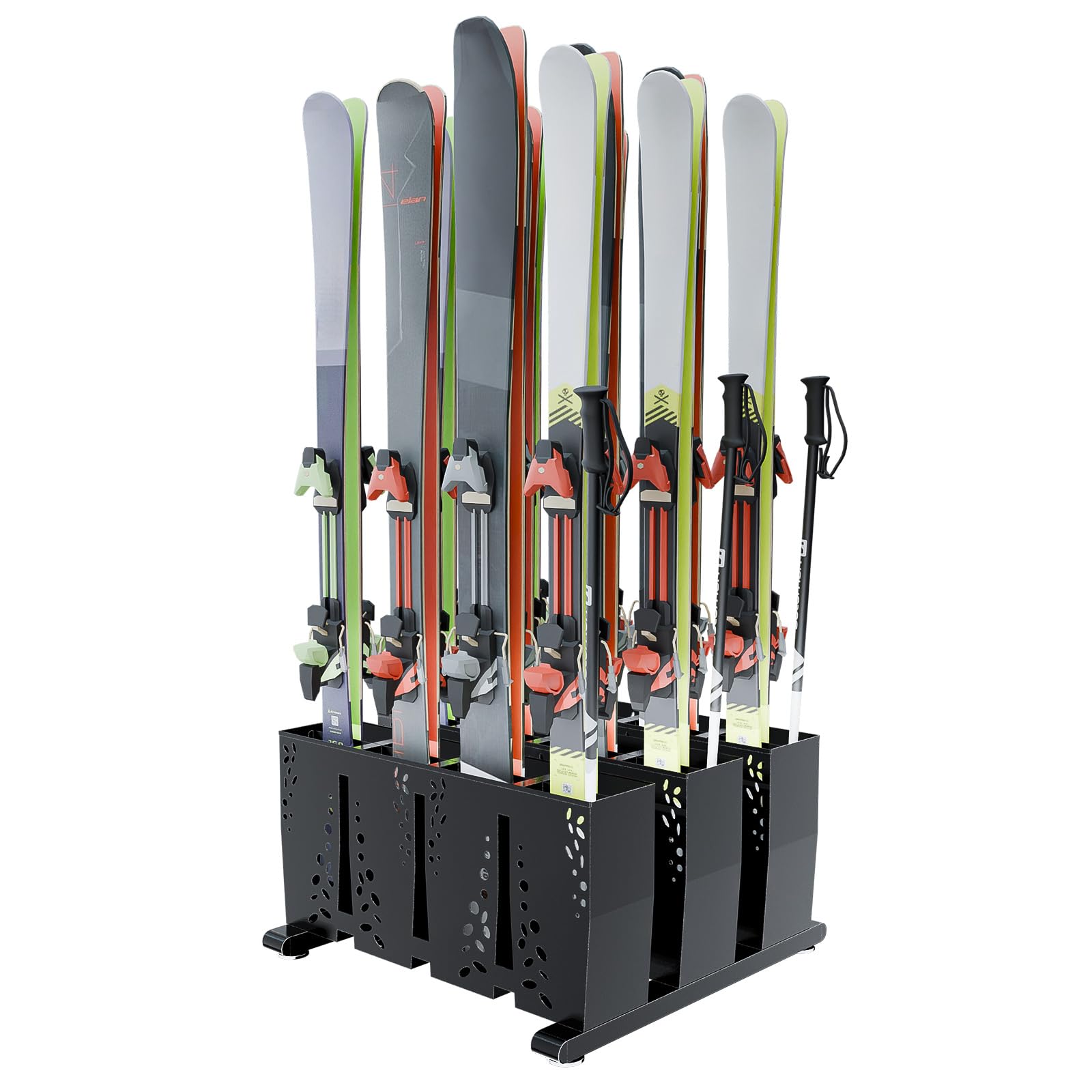 Heavy Duty 12 Pair Freestanding Steel Ski Storage Rack for Garage & Home - Indoor Ski Holder Organizer for Snowboard Equipment - Perfect for Winter Gear Organization in Basement, Mudroom or Ski Cabin