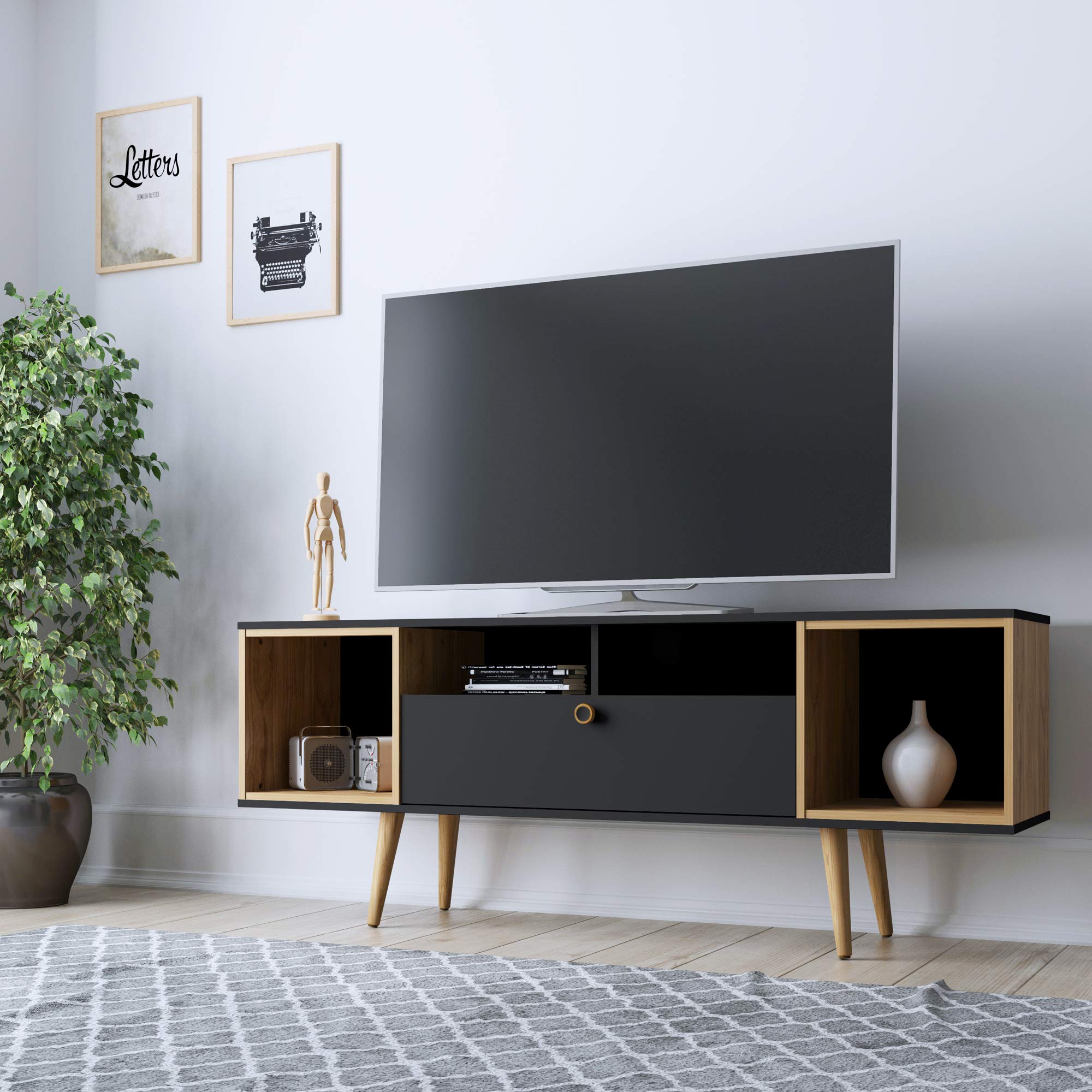 Mid Century Modern TV Stand with 6 Shelves & Media Storage - 62.99