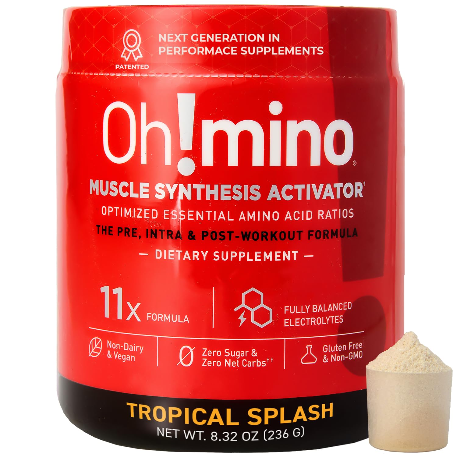 Oh!mino Amino Acids Powder Supplement - BCAAs for Muscle Gain, Pre & Post Workout Recovery - Caffeinated, Vegan, Zero Sugar & Net Carbs - 40 Servings (Tropical Splash) - Ideal for Gym, Fitness & Bodybuilding