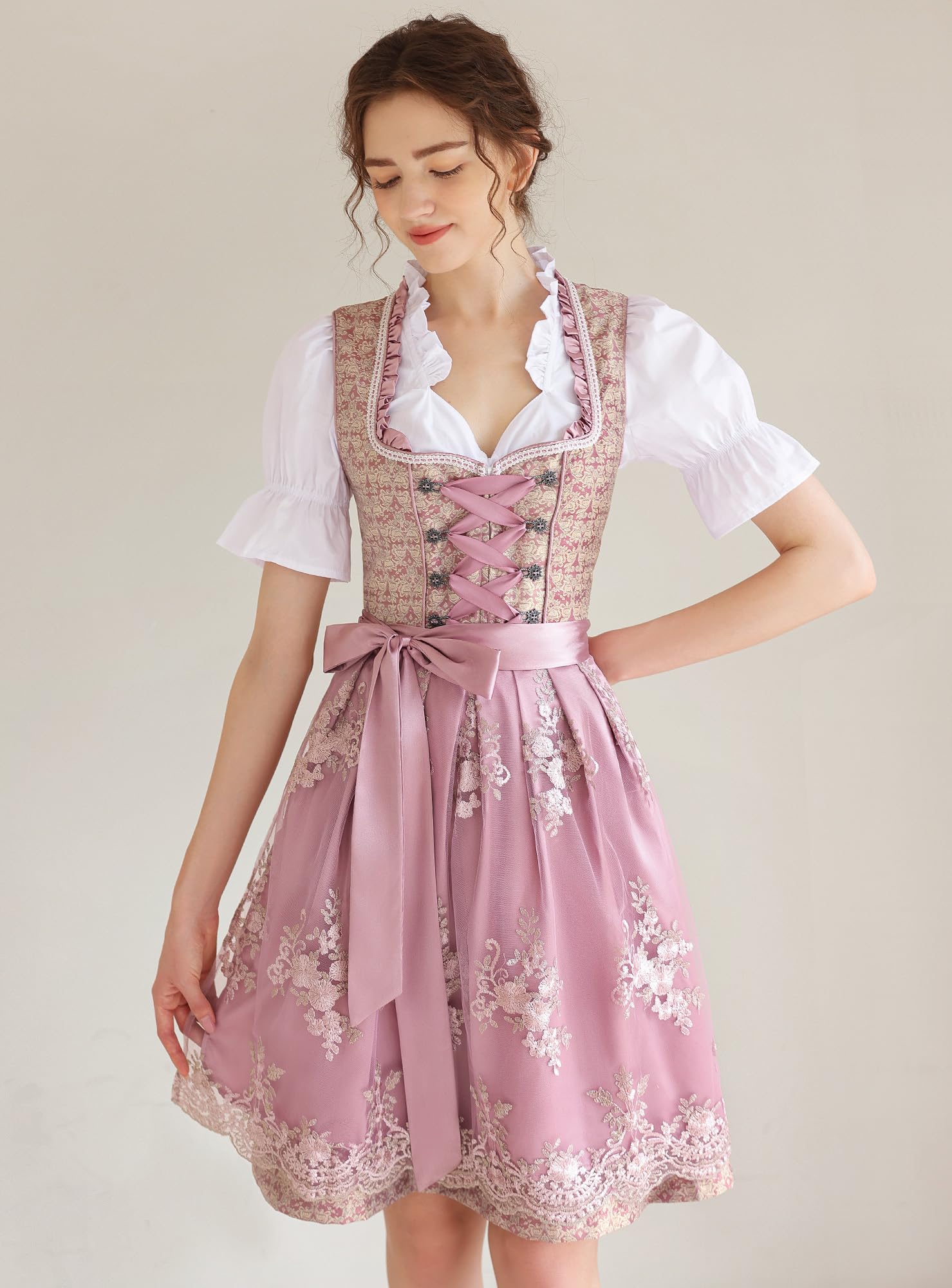 Authentic German Dirndl Dress for Women - 3-Piece Oktoberfest Costume with Blouse & Apron in Pink | Perfect for Oktoberfest, Halloween, Themed Parties & Cultural Events