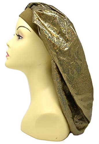 Holographic Super Jumbo Nightcap - Wide Band Sleep Cap & Bonnet Hat for Hair Protection - Gold Pearl Design - Perfect for Nighttime Hair Care & Salon Styling