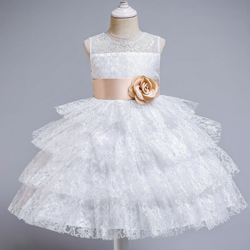 Elegant Princess Flower Girl Dress with Lace & Floral Embellishments - Perfect for Weddings, Pageants & Special Occasions