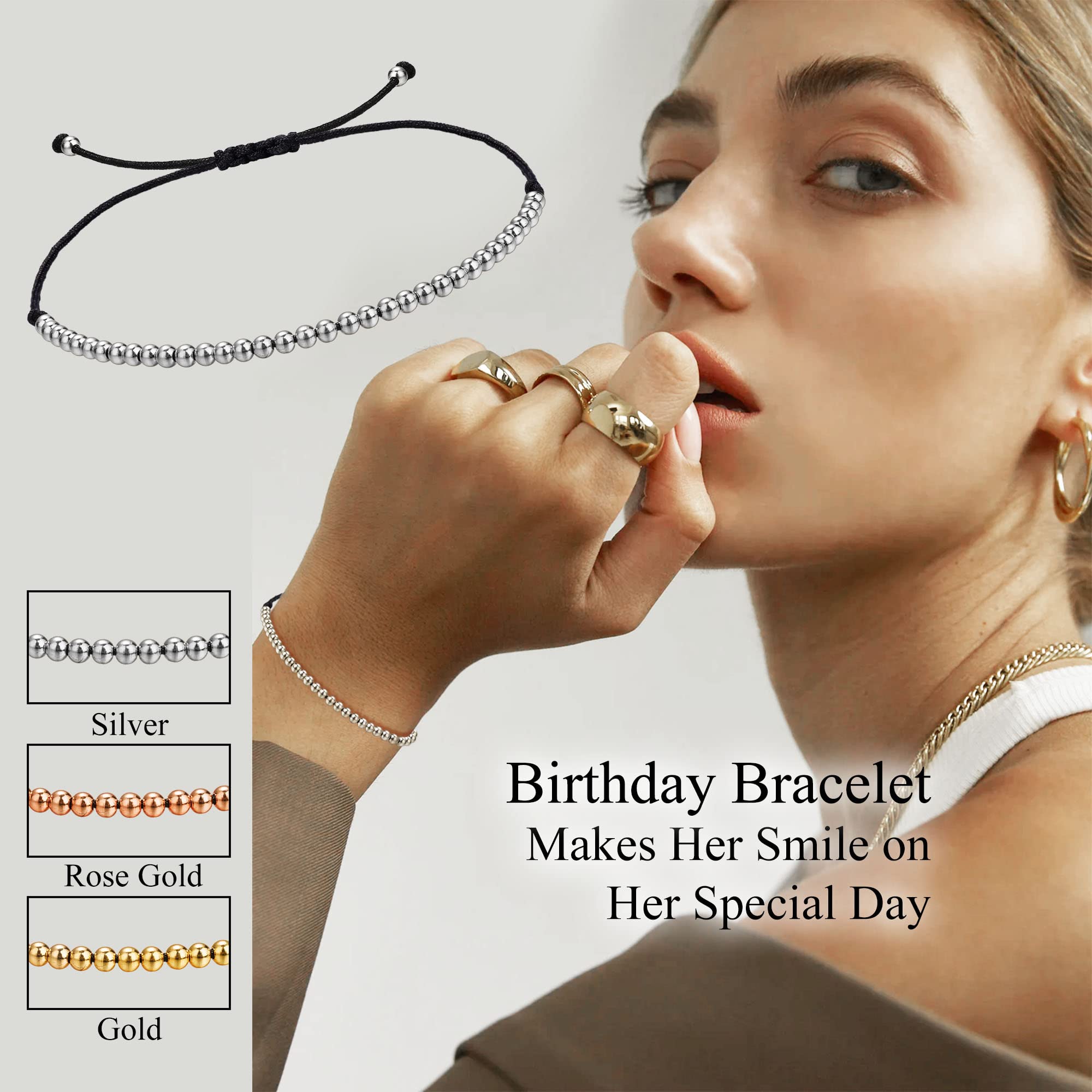 Birthday Bracelets for Women - Adjustable Beaded Bracelet Gift for Teen Girls, Daughter, Wife, Sister & Best Friend - Silver, Gold & Rose Gold Jewelry - Perfect for Birthdays, Christmas & Special Occasions