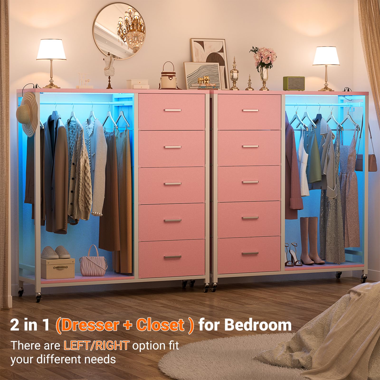 Cyclysio 5-Drawer Dresser with Clothes Rack, Charging Station & LED Lights - Pink Rolling Storage Chest with Wooden Top & Lockable Wheels for Bedroom, Closet, Nursery, or Dorm Organization