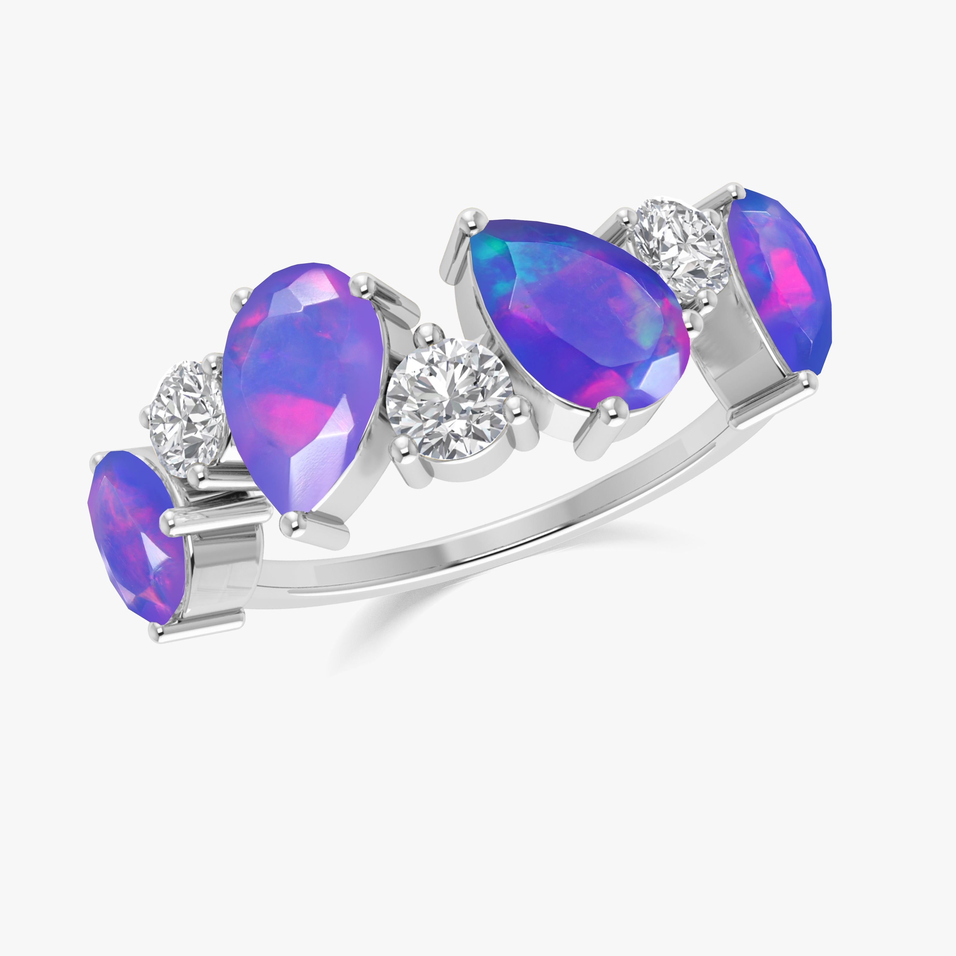 Lavender Fire Opal Four Stone Ring - Elegant Sterling Silver Jewelry for Women | Perfect for Weddings, Anniversaries & Special Occasions