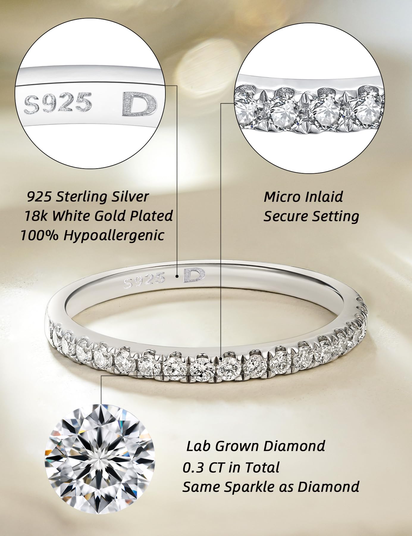 IMOLOE 0.3-0.42 Carat Lab Grown Diamond Wedding Band for Women, 18K White Gold Plated Sterling Silver Eternity Ring, Size 4-11, Perfect for Engagement, Anniversary & Special Occasions