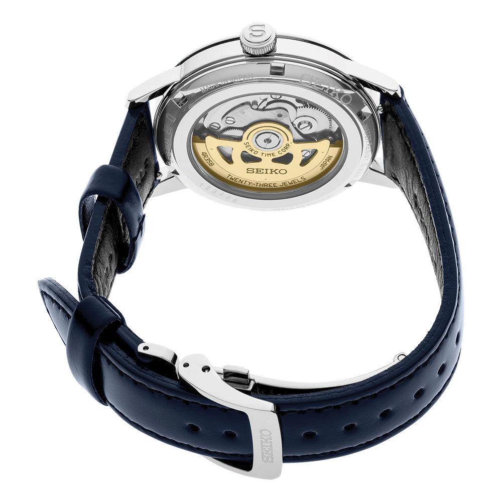 Seiko SRPE43 Presage Cocktail Time Automatic Watch - 38.5mm Blue Dial with Leather Strap | Dress Watch for Men, Business & Formal Occasions