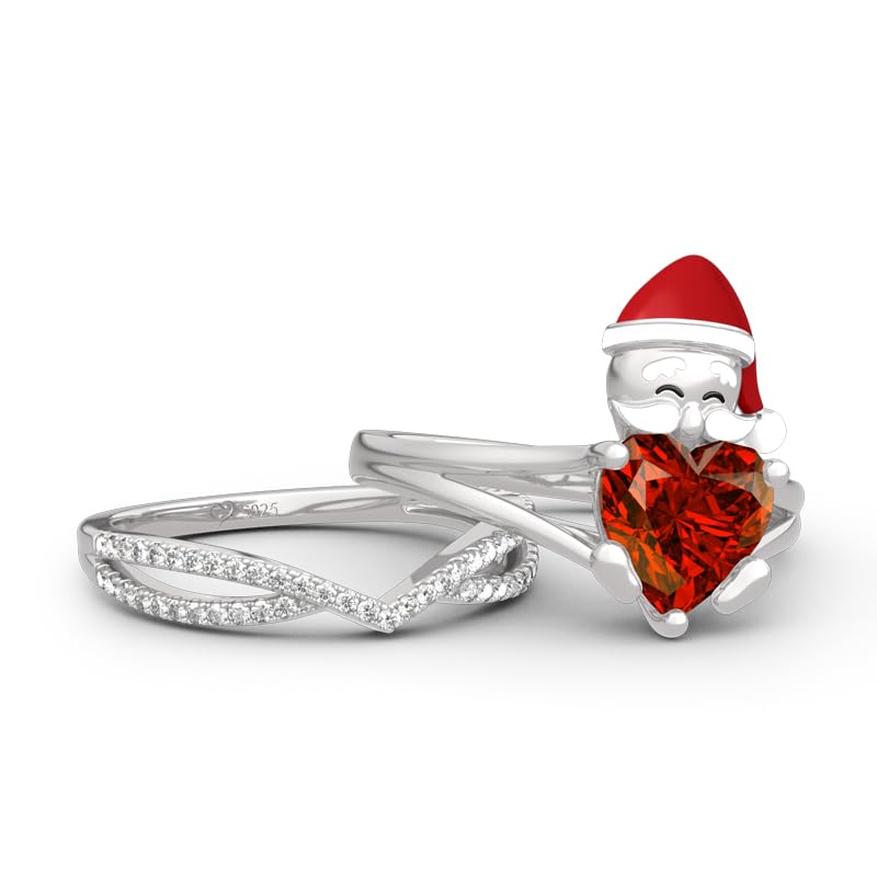 Jeulia Sterling Silver Santa Claus Heart Cut Ring Set for Women - Elegant Gift for Wife, Girlfriend, Engagement, Wedding, Anniversary, Christmas & Birthday - Comes with Jewelry Box | Perfect for Romantic Occasions, Holiday Gifting & Special Celebrations