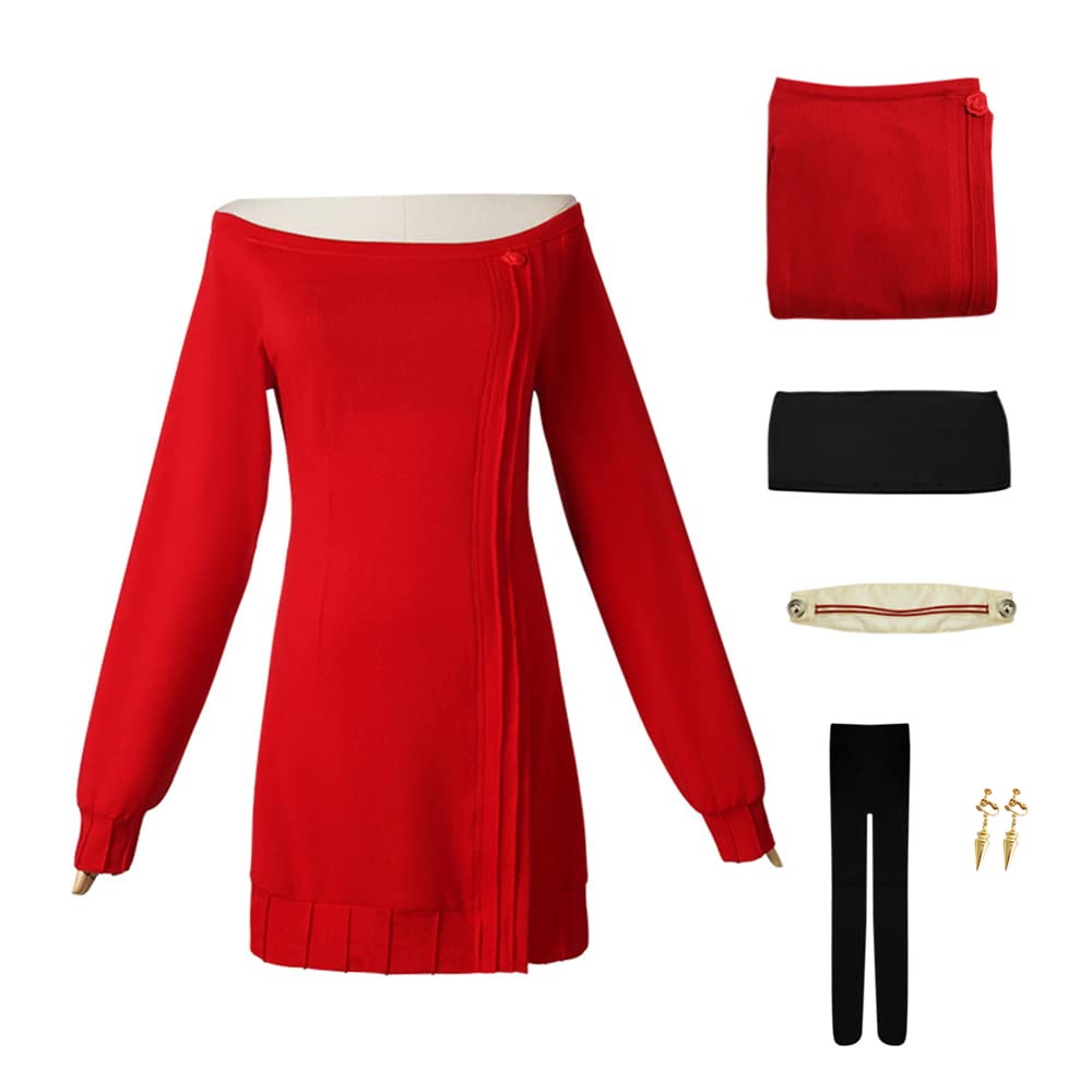 COLSA Women's Red Anime Cosplay Sweater Dress - Halloween Costume Uniform Outfit Full Set for Cosplay, Halloween Parties & Anime Conventions
