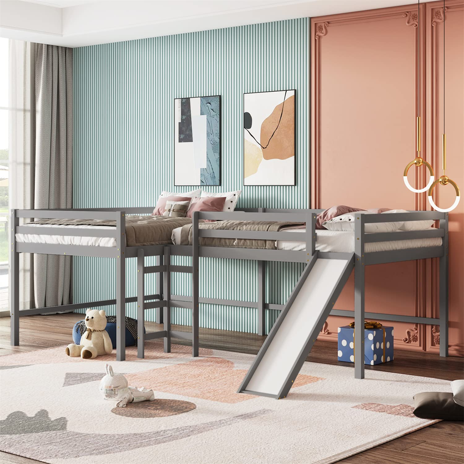 L-Shaped Loft Bed with Slide - Full Size Wooden Corner Loft Bed Frame for Kids, Teens, Boys & Girls - Space-Saving Gray Loft Bed for Small Rooms, Dormitories & Shared Kids' Bedrooms