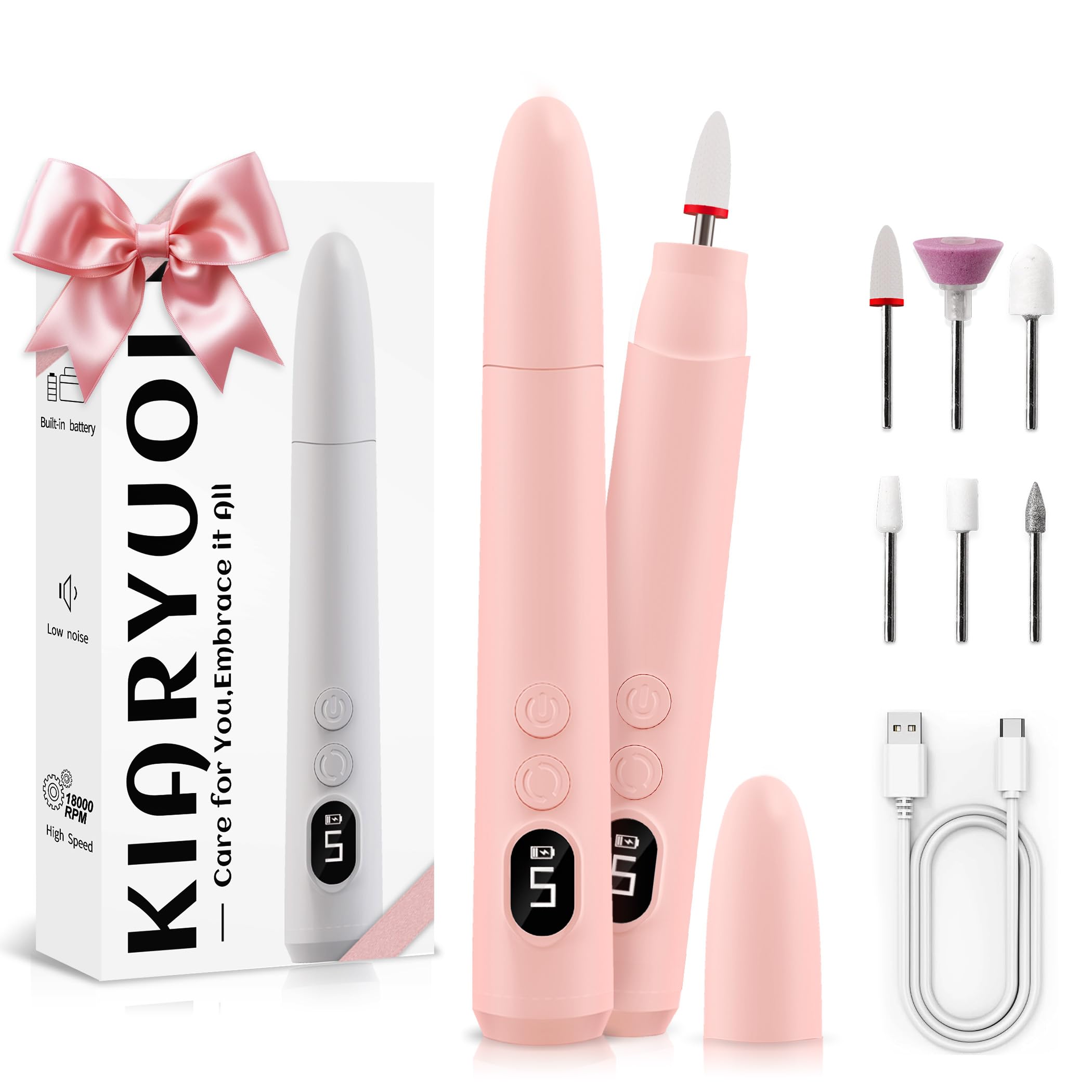 Professional Cordless Electric Nail Drill Kit - Rechargeable Portable Nail File with 5 Speed Modes, LED Light & Reversible Rotation for Home Salon, Manicure Pedicure & DIY Nail Care (Pink)