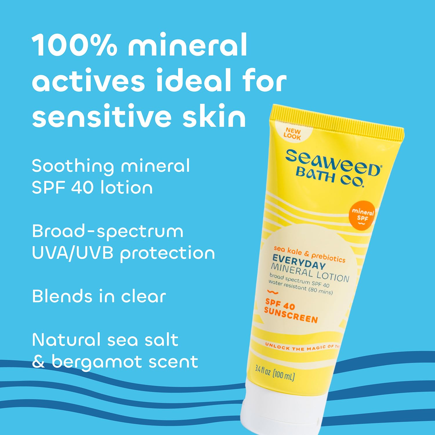 Seaweed Bath Co. Mineral SPF 40 Sunscreen Lotion - Broad Spectrum UVA/UVB Protection, 3.4 oz, Natural & Reef-Safe with Sustainably Harvested Seaweed & Sea Kale, Prebiotic Enriched - Perfect for Daily Face & Body Use at Beach, Pool, or Outdoor Activities