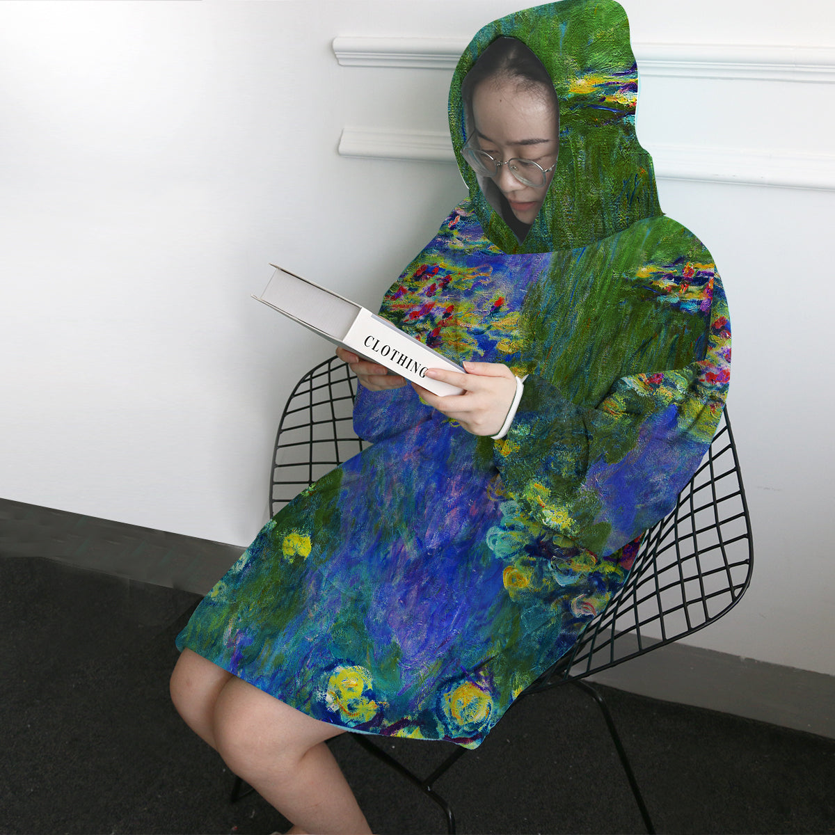 Claude Monet Water Lilies Print Wearable Blanket Hoodie - Soft Fleece Lounge Wear for Women & Men, Cozy Home & Outdoor Use
