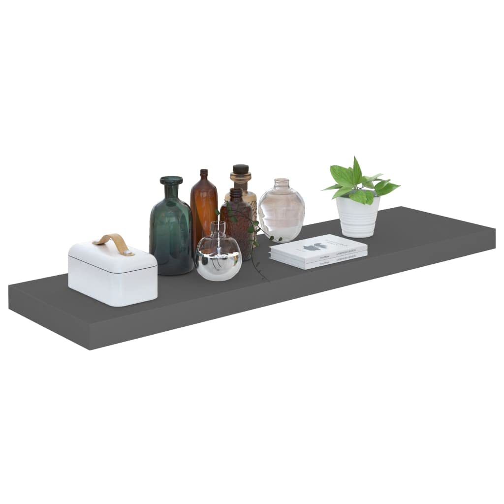 Floating Wall Shelves Set of 2 - Modern High Gloss Gray MDF Wall Mounted Shelves 35.4