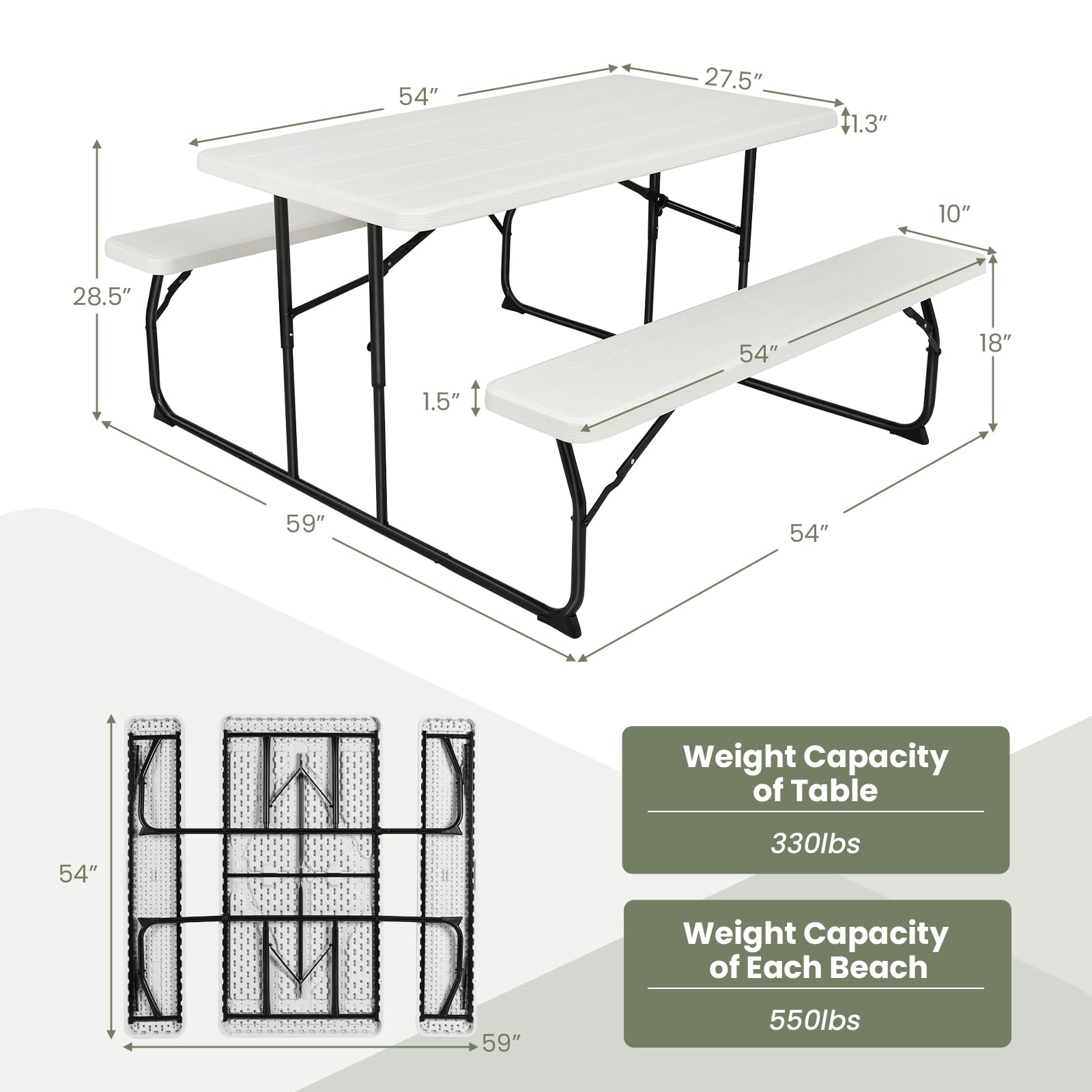 Tangkula Folding Picnic Table with 2 Benches - Portable Outdoor Camping Table Set with Wood-Like Plastic Tabletop & Sturdy Steel Frame - Foldable for Picnics, BBQs, Parties, Camping & Backyard Gatherings (White)