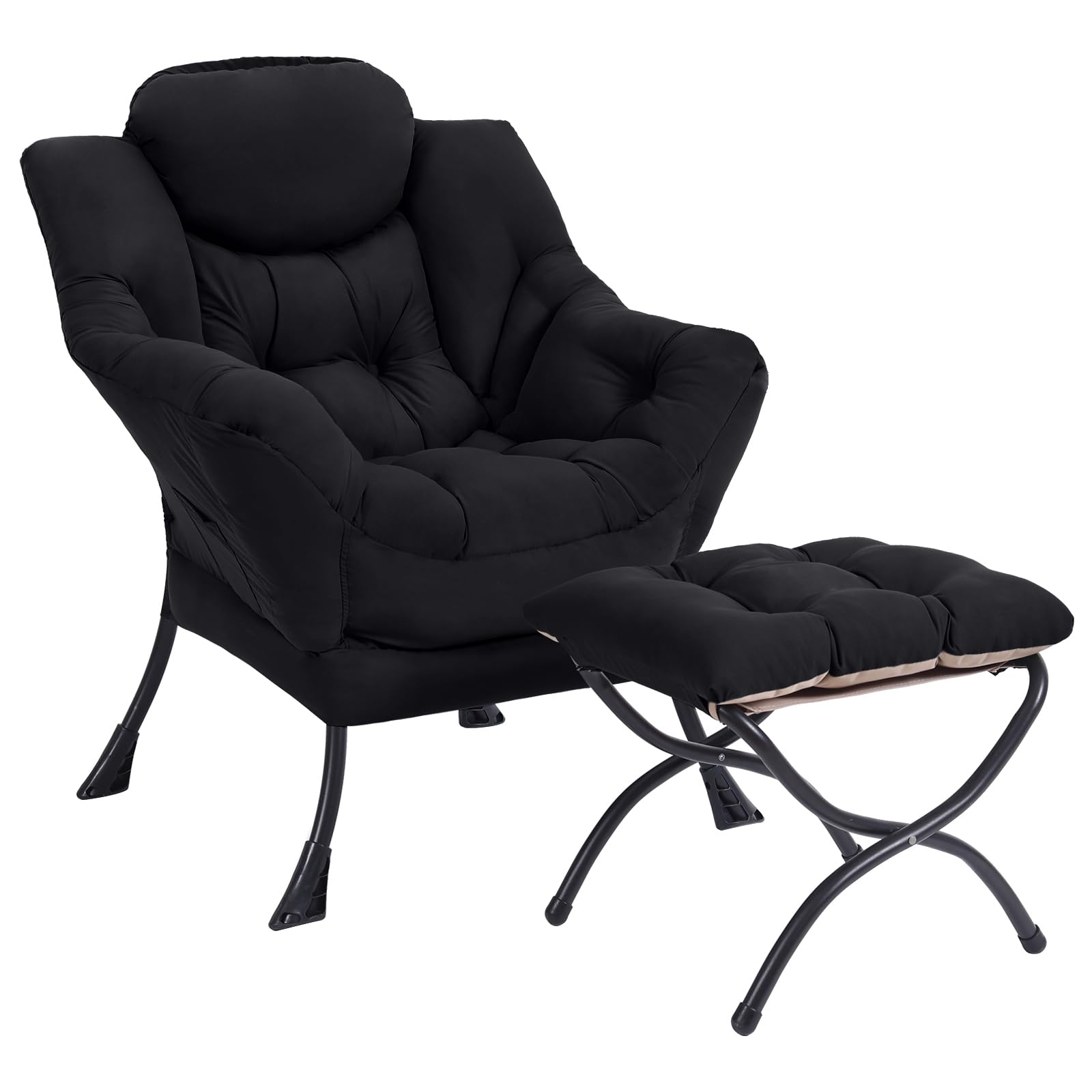 Modern Lazy Chair with Ottoman - Contemporary Lounge Accent Chair with Armrests & Folding Footstool Set - Comfortable Reading Chair for Living Room, Bedroom, Office - Perfect for Relaxing, Napping & Leisure Time (Black)