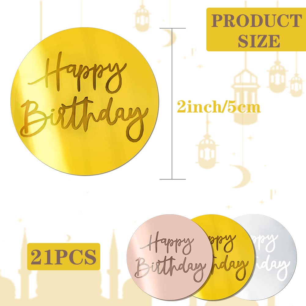 21Pcs Happy Birthday Cake Disc Acrylic Cupcake Toppers Set - Gold Pink Silver Mirror Acrylic Cake Decorations for DIY Birthday Party, Baby Shower & Wedding Celebrations - Perfect for Cupcake, Dessert Table and Cake Decorating