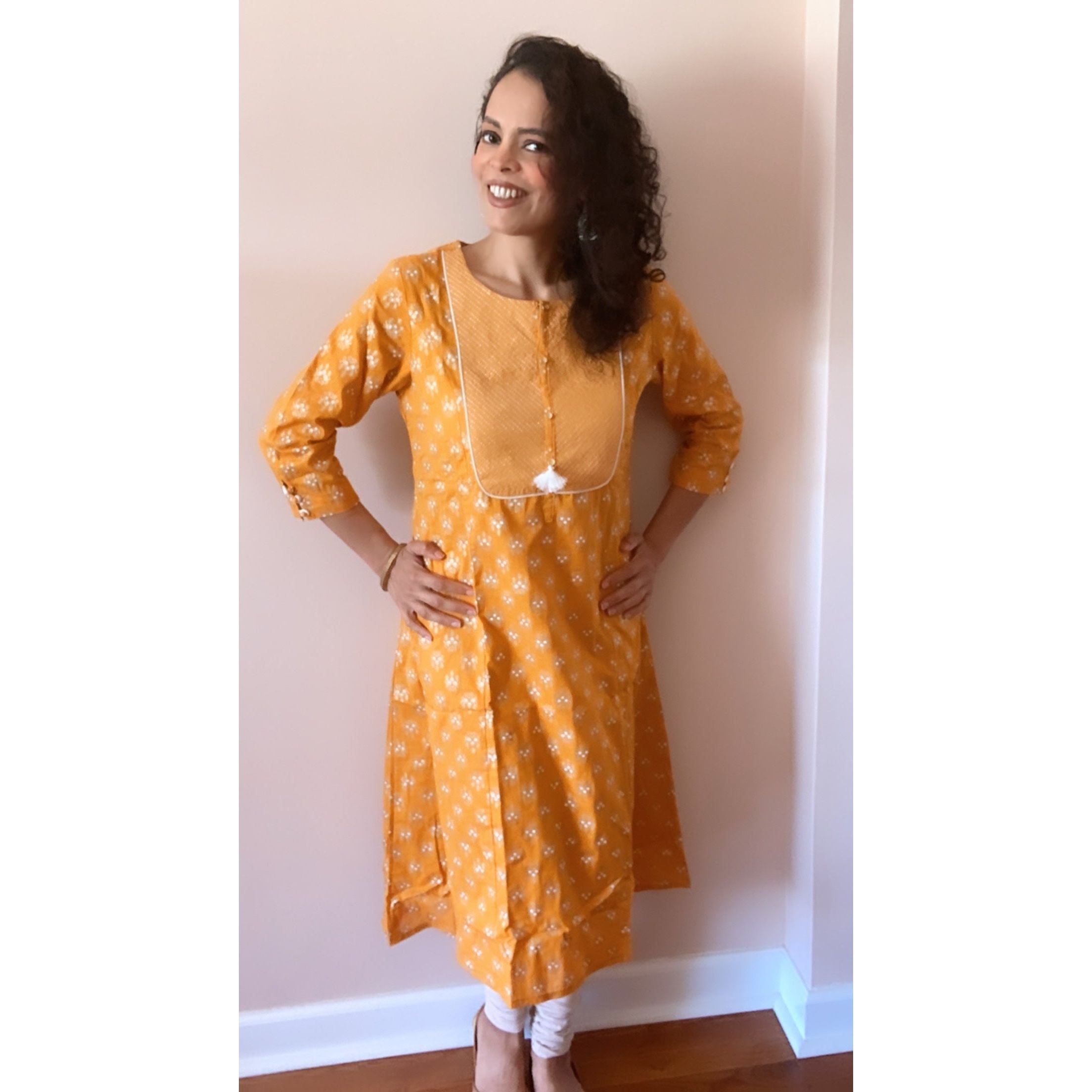 Stylish Yellow and White Printed Kurta for Women - Comfortable Ethnic Tunic Top for Casual Wear, Festivals, and Special Occasions
