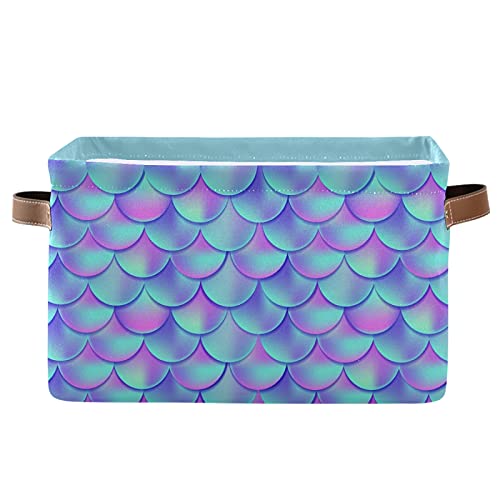 Collapsible Storage Basket with PU Handles - Waterproof Laundry Organizer for Nursery, Closet & Bathroom (Purple Blue Scale, 1 Pack) - Space Saving Home Organization Solution