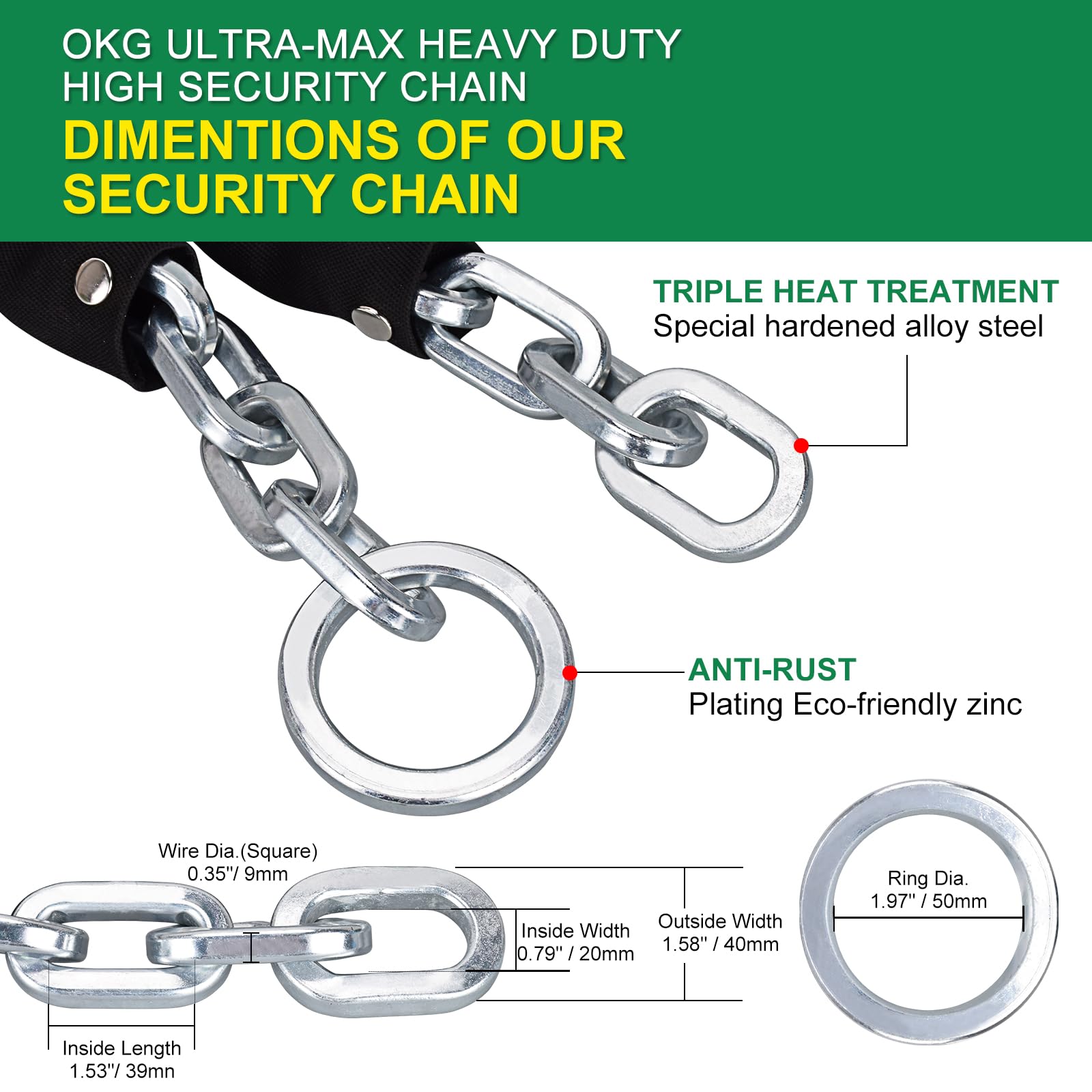 OKG 10-Foot Extra Long Heavy Duty Security Chain - 3/8