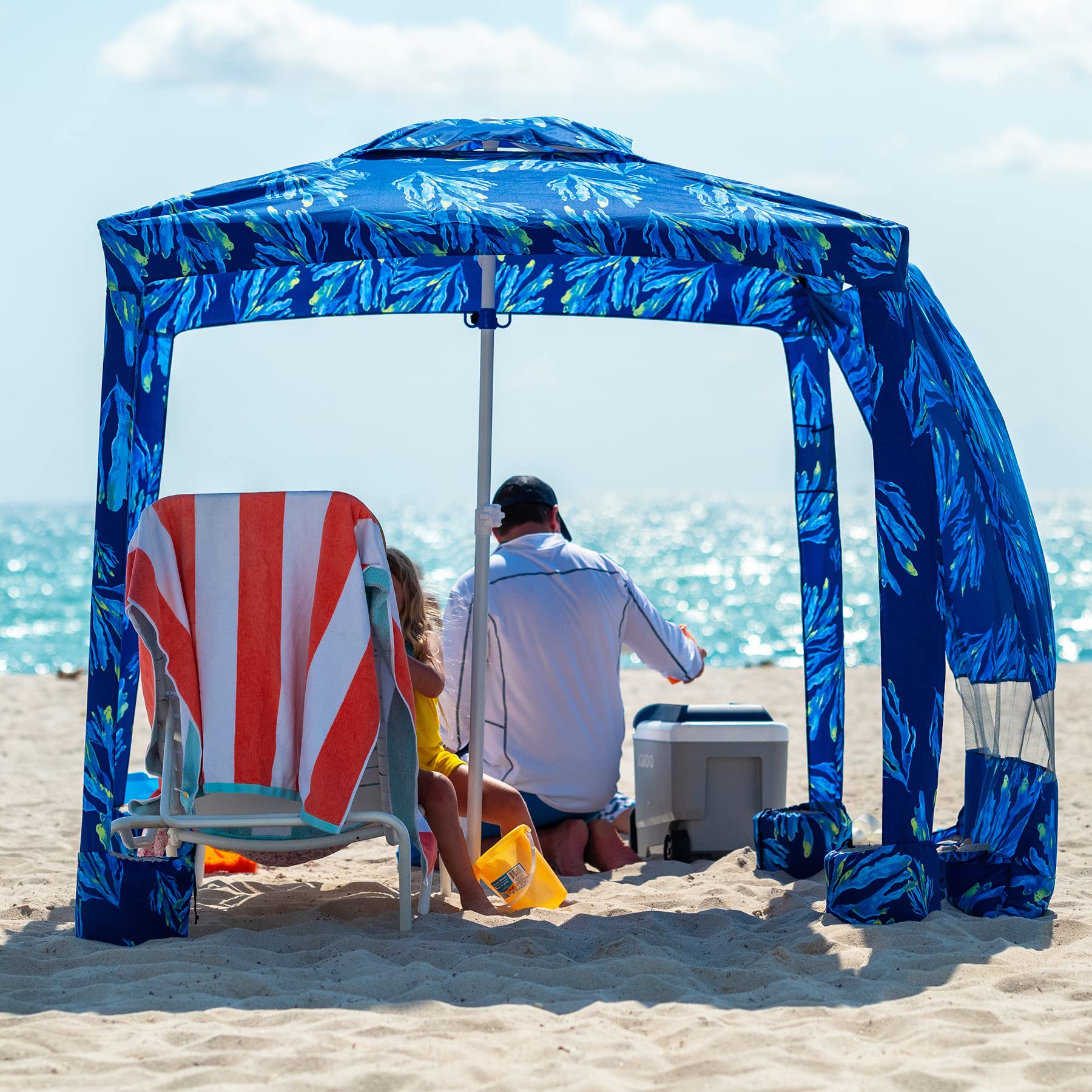 AMMSUN 6.2'×6.2' Beach Cabana Canopy Tent - Easy Setup & Take Down with Sand Pockets & Side Wall - Instant Sun Shade for Beach, Pool, Backyard & Outdoor Activities - Blue