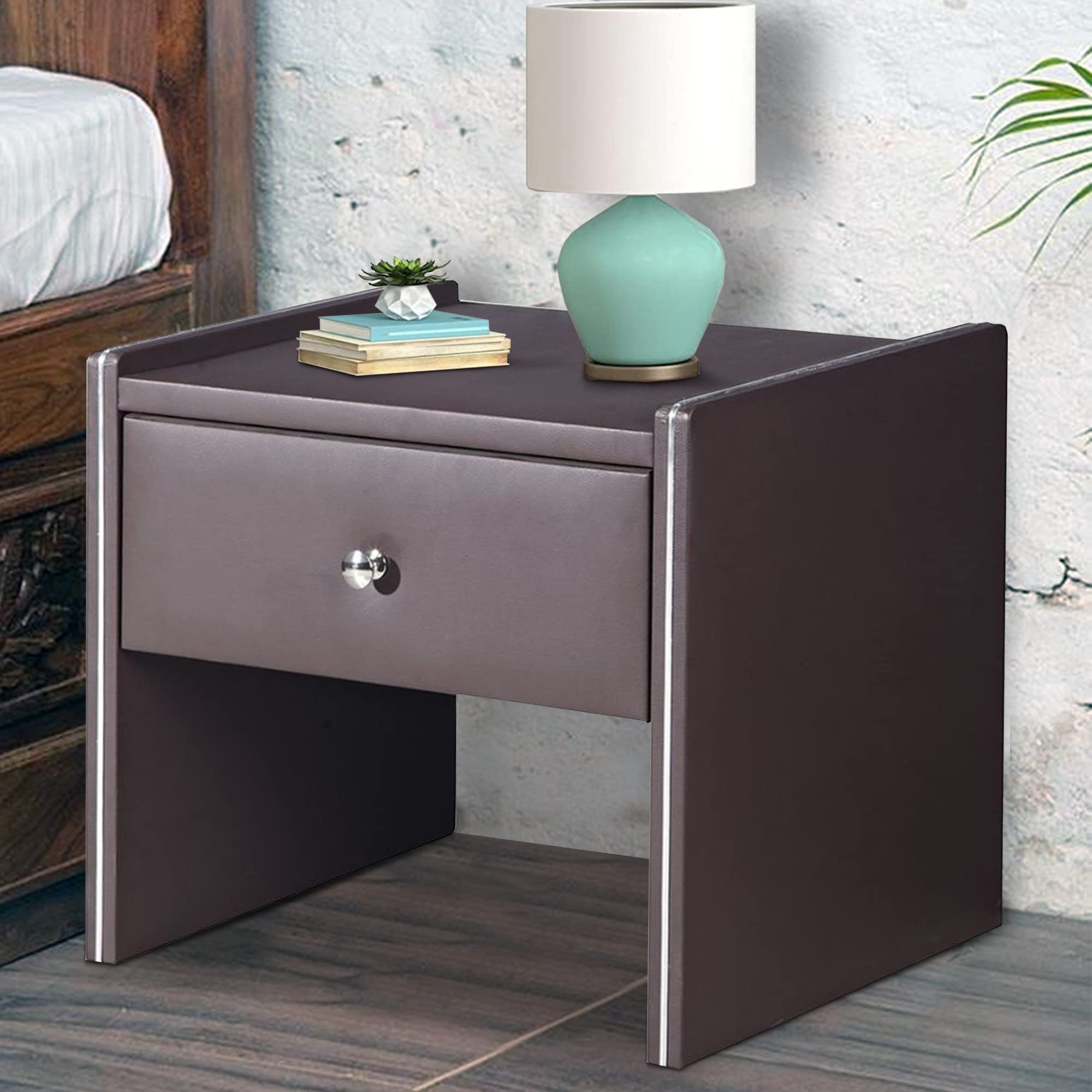 Benjara Brown Leather Upholstered Wooden Nightstand with Drawer - Bedroom Furniture for Master Bedroom, Guest Room & Apartment