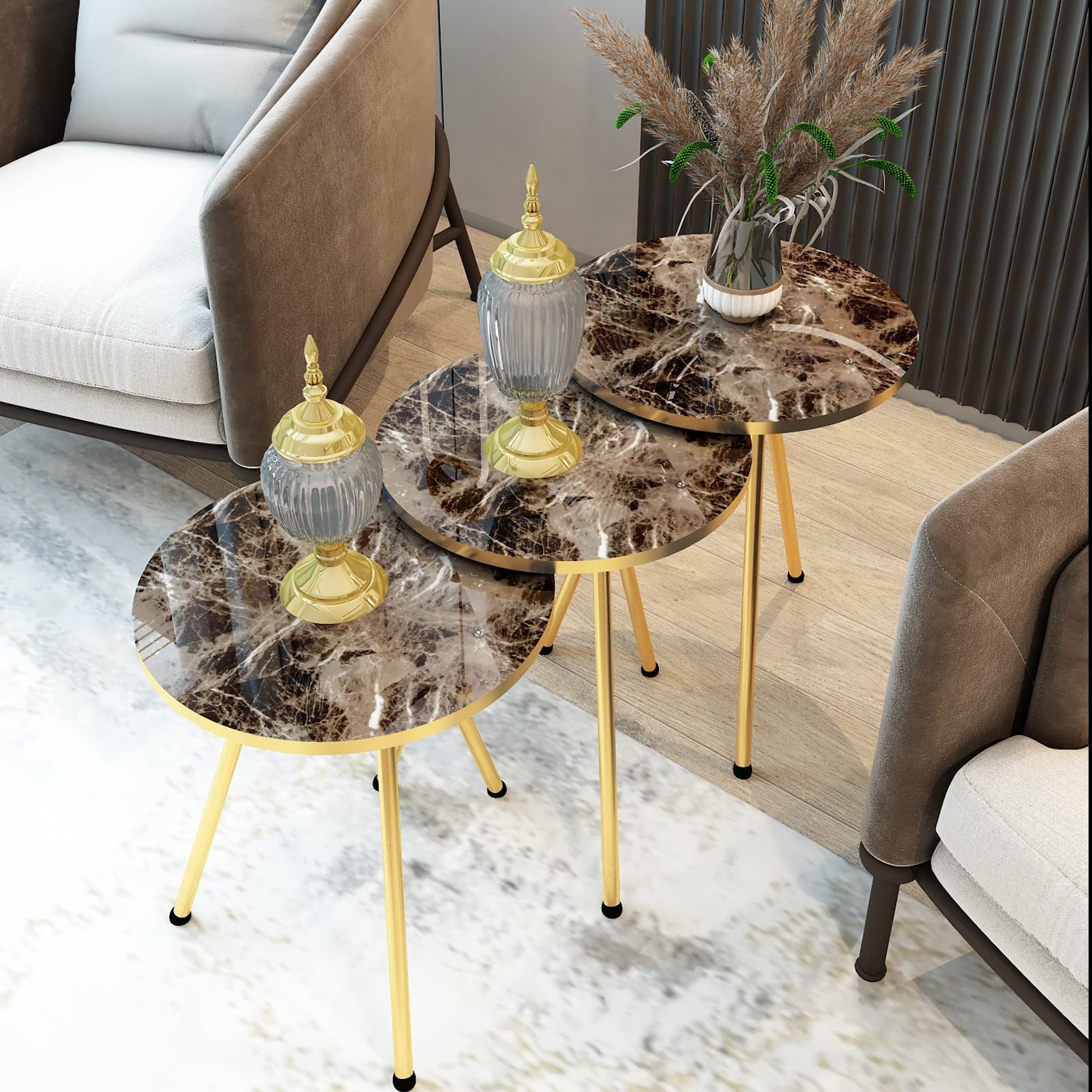 3-Piece Round Nesting End Tables Set - Stackable Coffee & Side Tables for Small Spaces, No-Tools Assembly Nightstand for Bedroom, Living Room, Balcony (Brown Marble/Gold) - Perfect for Compact Apartments & Cozy Home Decor