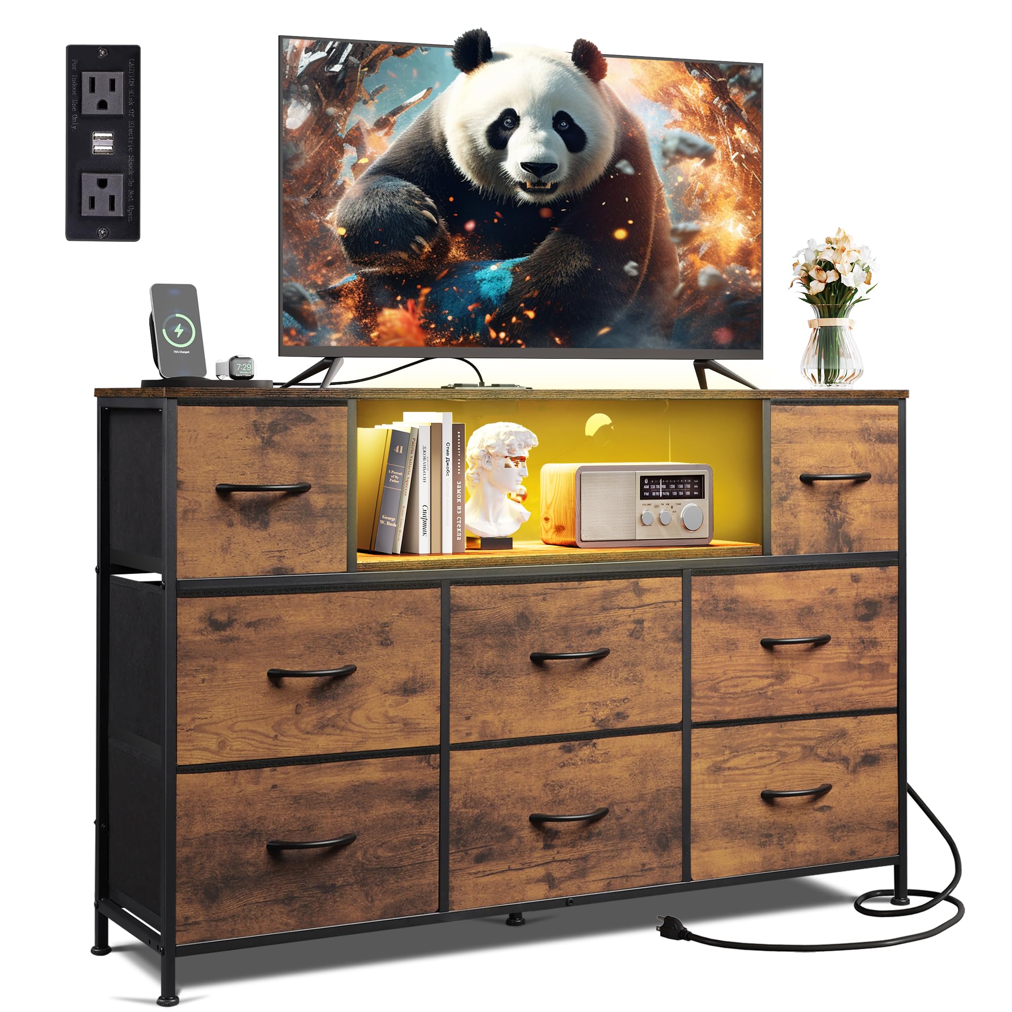 WLIVE 8-Drawer Fabric Dresser with Open Shelves & LED Lights - TV Stand for 55 Inch TV, Bedroom Chest of Drawers with Charging Station - Perfect for Living Room Storage, Bedroom Organization & Closet Space Saving